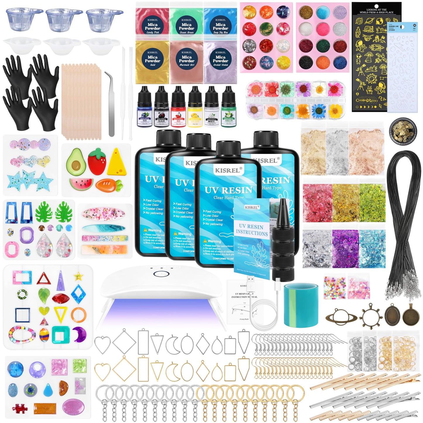 KISREL UV Resin Jewelry Making Kit, 400g Crystal Clear Resins with Light and Molds, DIY Jewelry Making Resin Kits, Resina Starter Kit for Keychain, Hair Clip and Earring