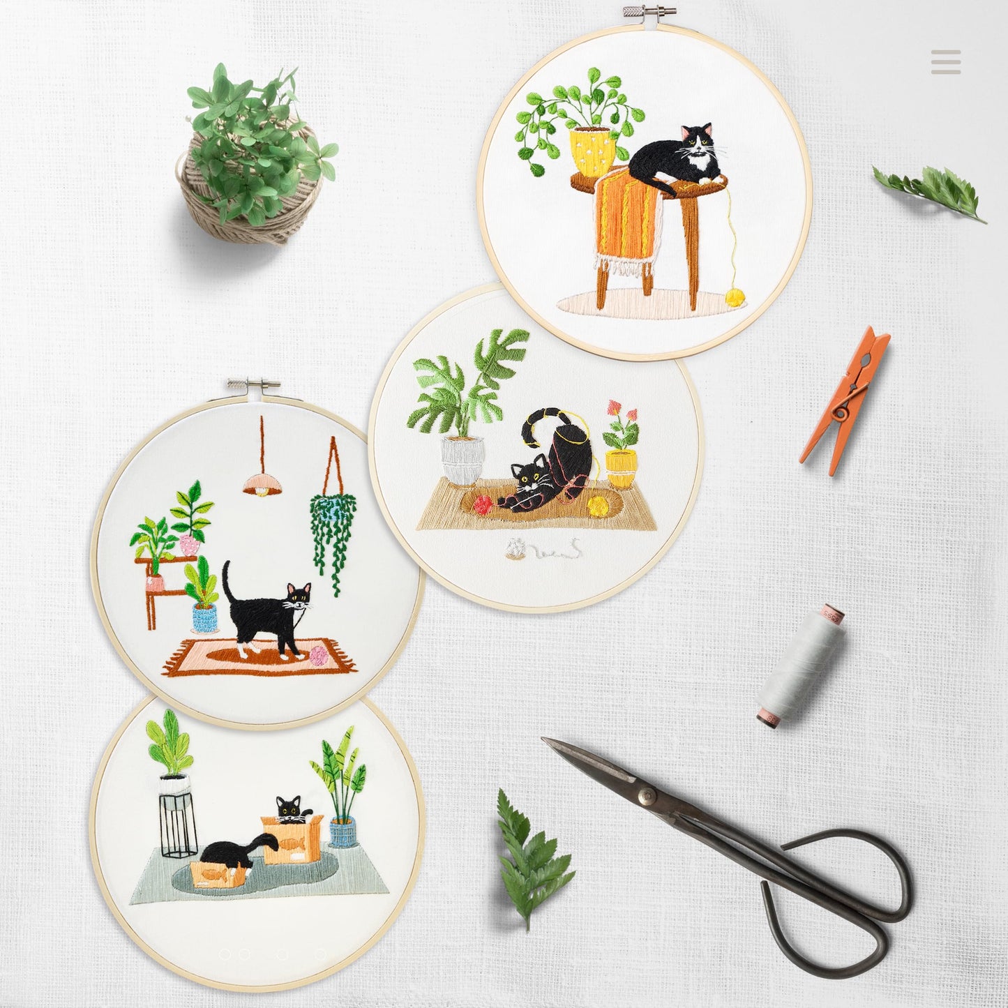 4 Sets Embroidery Set for Beginners, Art Craft, Easy Sewing, Includes Embroidery Clothing, Pattern, Embroidery Hoop, Instruction Manual, Colorful Thread Stitch Set (Cat)