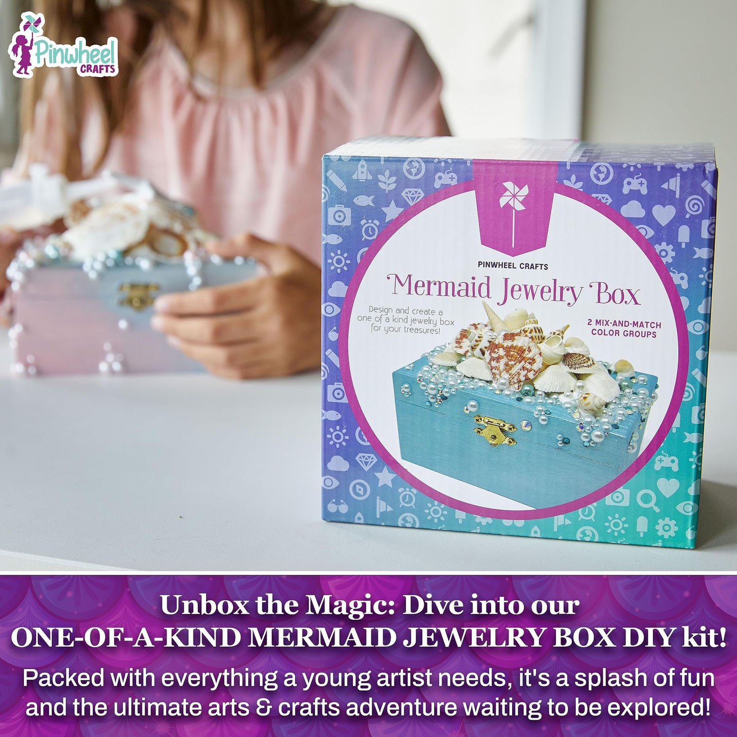Pinwheel Crafts Mermaid DIY Jewelry Box Kit for Girls Ages 6+ - 530Pc Make Your Own Jewelry Box, DIY Craft Kits - Mermaid Craft Gifts - Painting Arts and Crafts for Girls 4-6 7 8 Years