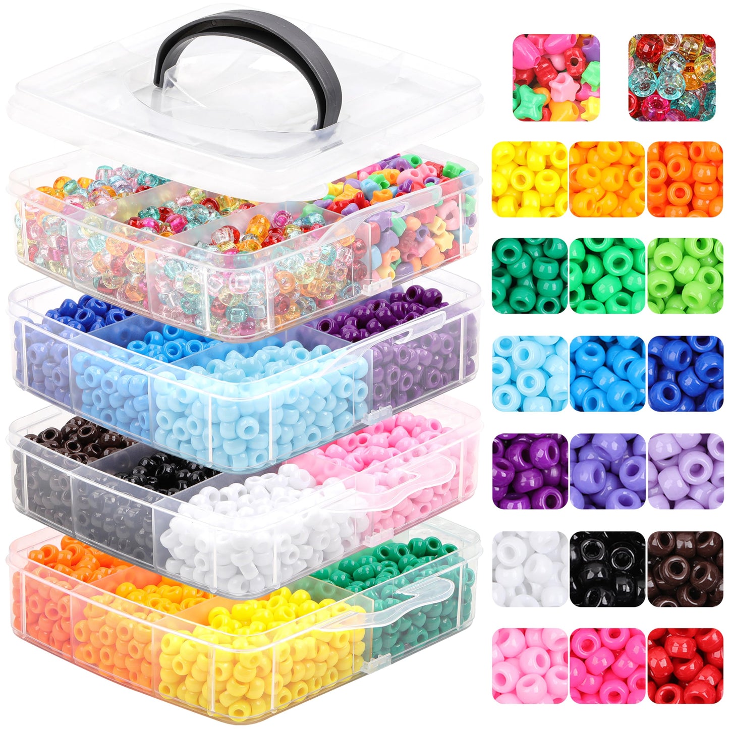 KAKW 4800 Pcs Pony Beads for Friendship Bracelets 6x9mm 18 Solid 8 Color Shapes 10 Glitter Plastic Beads for Jewelry Making Supplies Necklaces Keychains Hair Braid DIY Craft Accessories