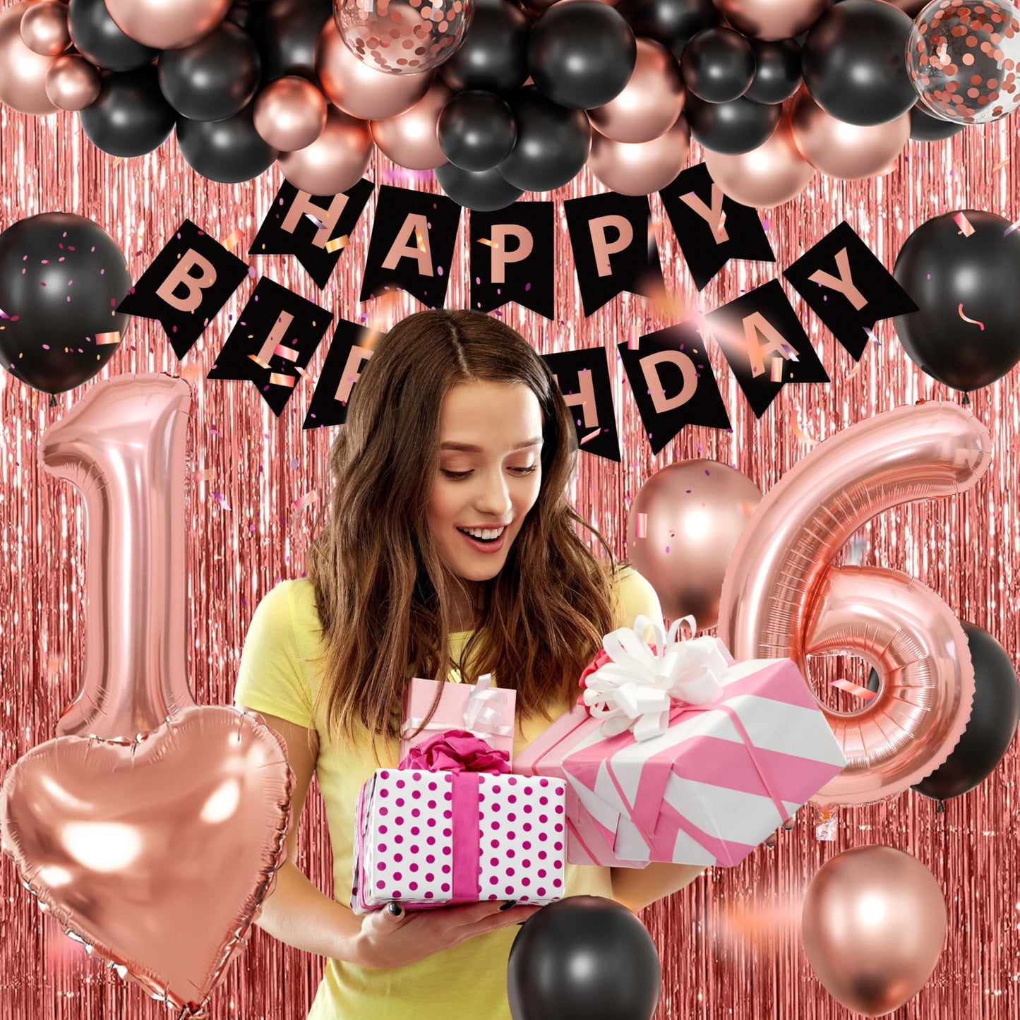 Rose Gold Sweet 16 Birthday Decorations for Girls - Sweet Sixteen Party Supplies Include 3pcs Balloon Boxes, Number 16 Foil Balloons, Fringe Curtains, Black Pink Garland Arch Kit - Photo Props