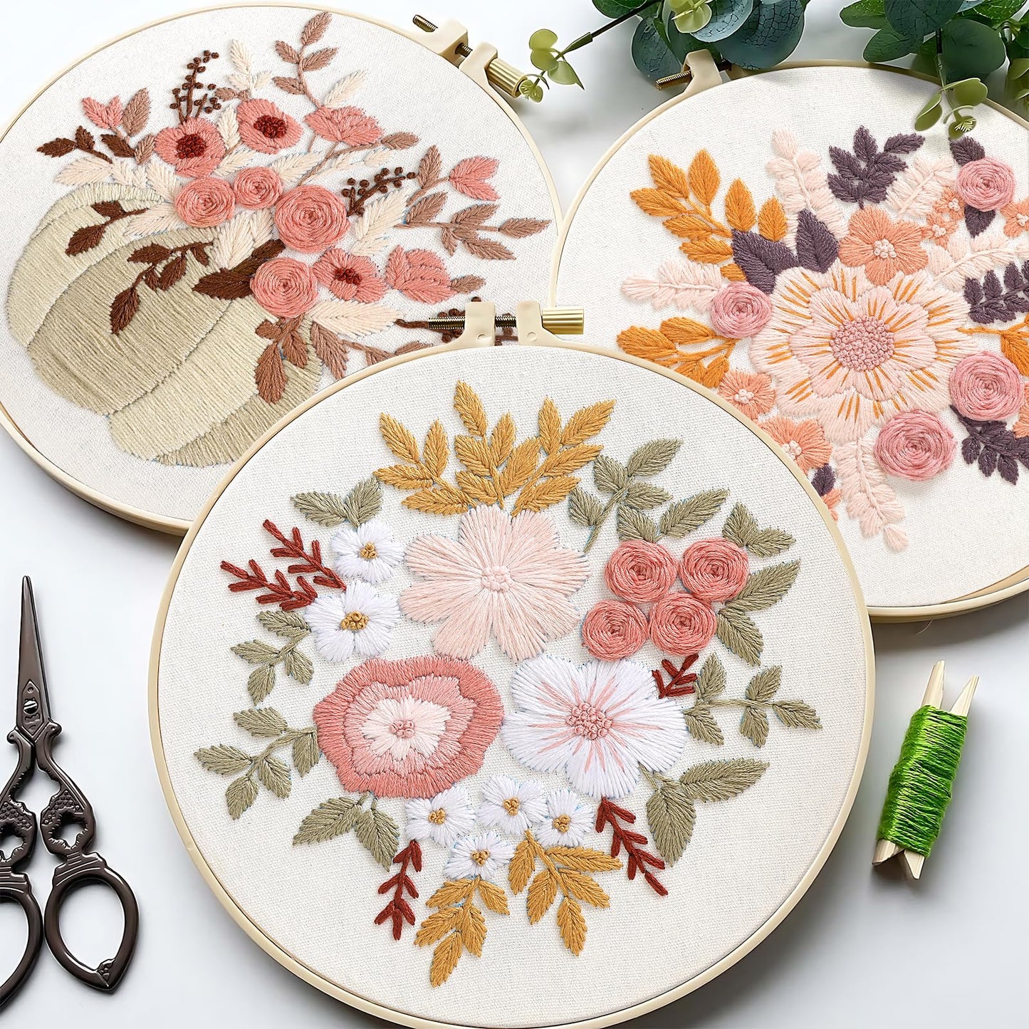 Embroidery Kit for Beginners, 3 Sets Stamped Cross Stitch Kits for Beginner, Floral Pattern Embroidery Starter Kits for Adults with Embroidery Hoop Instructions Threads and Needles Scissors