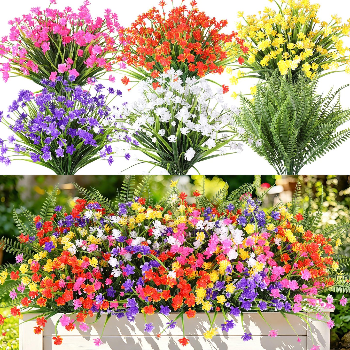 AmberFun 24 Bundles Artificial Outdoor Flowers, UV Resistant Faux Flowers for Outdoor Planters, Plastic Fake Plants for Front Porch Patio Garden Hanging Basket