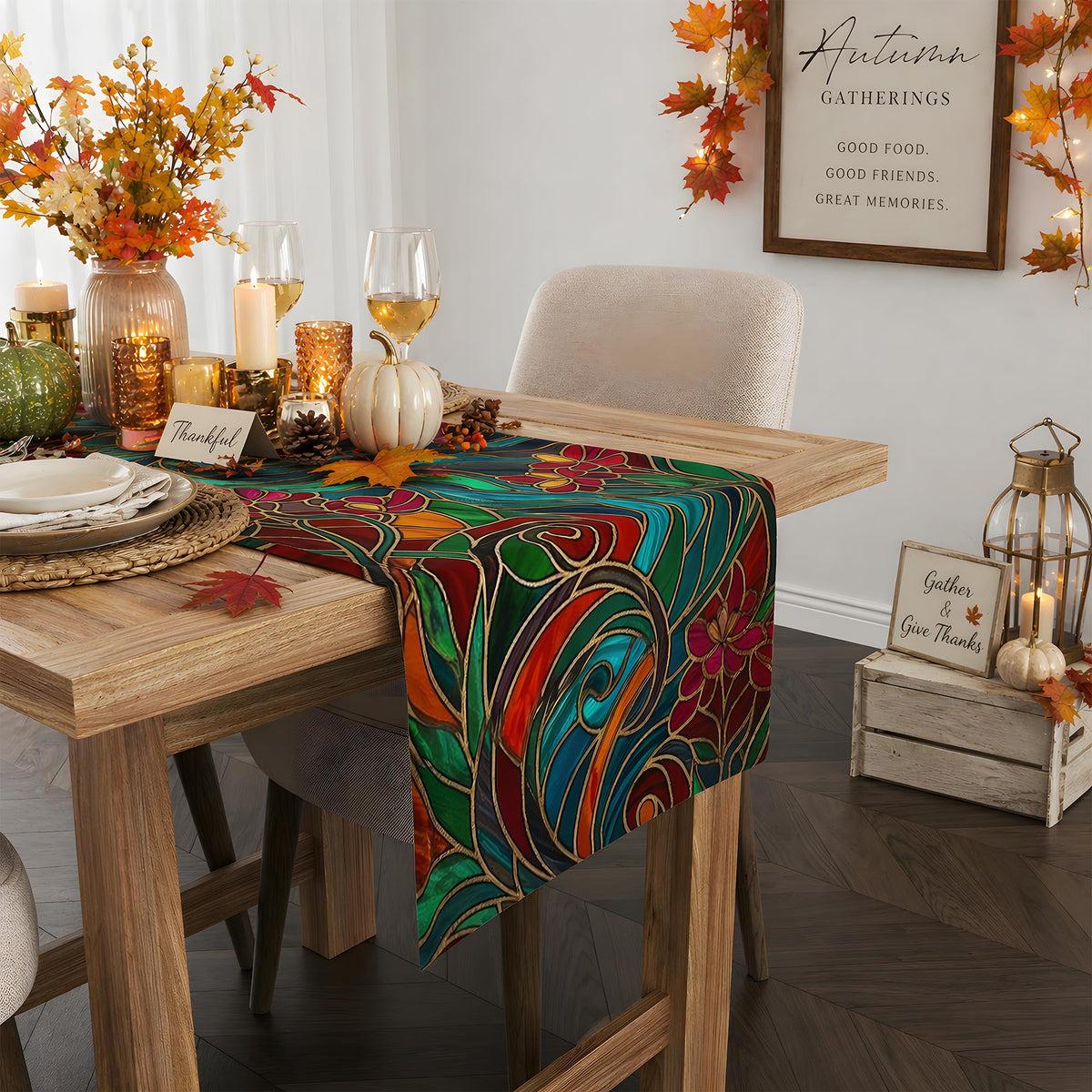 OHOME Fall Decor - Stained Glass Table Runner | Fall Decorations for Home - Thanksgiving Friendsgiving Autumn Centerpieces Backdrop Tablecloth for Tables Room Office Kitchen