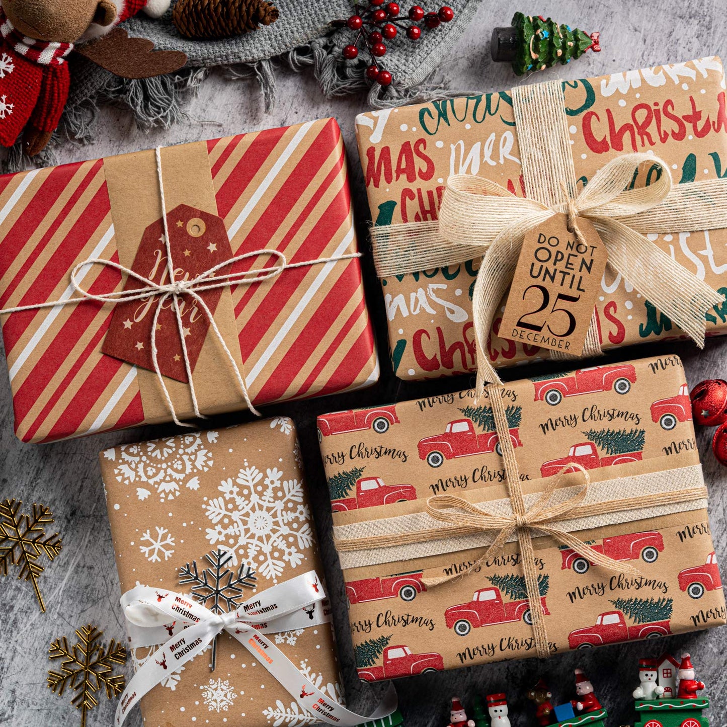 Wrapping Paper, Kraft Paper - Snowflakes, Car and Christmas Tree, Stripes and Merry Christmas - 4 Rolls - 30 inches x 10 feet per Roll