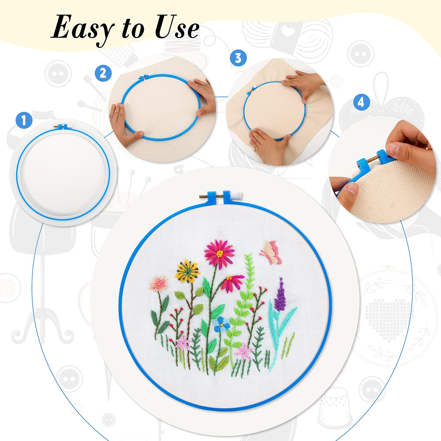 6 Pieces Plastic Embroidery Hoops Set and 16 Pieces Needles Plastic Circle Cross Stitch Hoop Ring 3.4 inch to 10.2 inch for Embroidery and Cross Stitch(Multicolor)