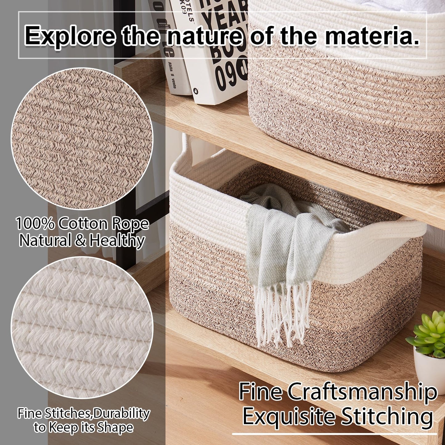 OIAHOMY Cotton Rope Storage Basket for Shelves, Baskets for Organizing, Rectangle Storage Bins with Handles, Woven Toy Baskets for Nursery Room, 13×9.85"×8.7", Brown