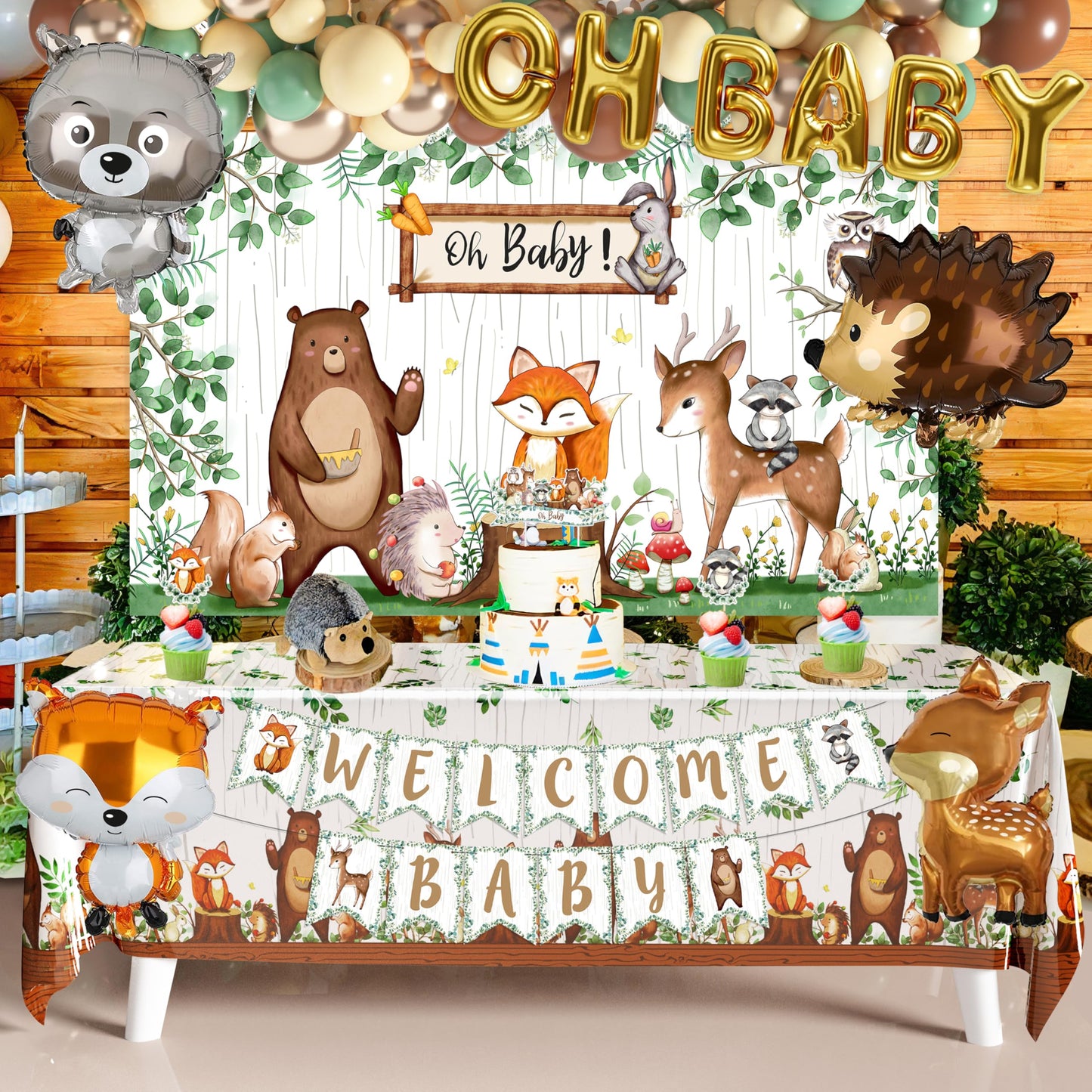 BORAMDO Woodland Animals Baby Shower Decoration Pack Forest Animal Neutral Gender Reveal Party Supplies Woodland Themed Birthday Party Ideas Set 106 Pcs Backdrop, Tablecloth, Cake Toppers, Balloons