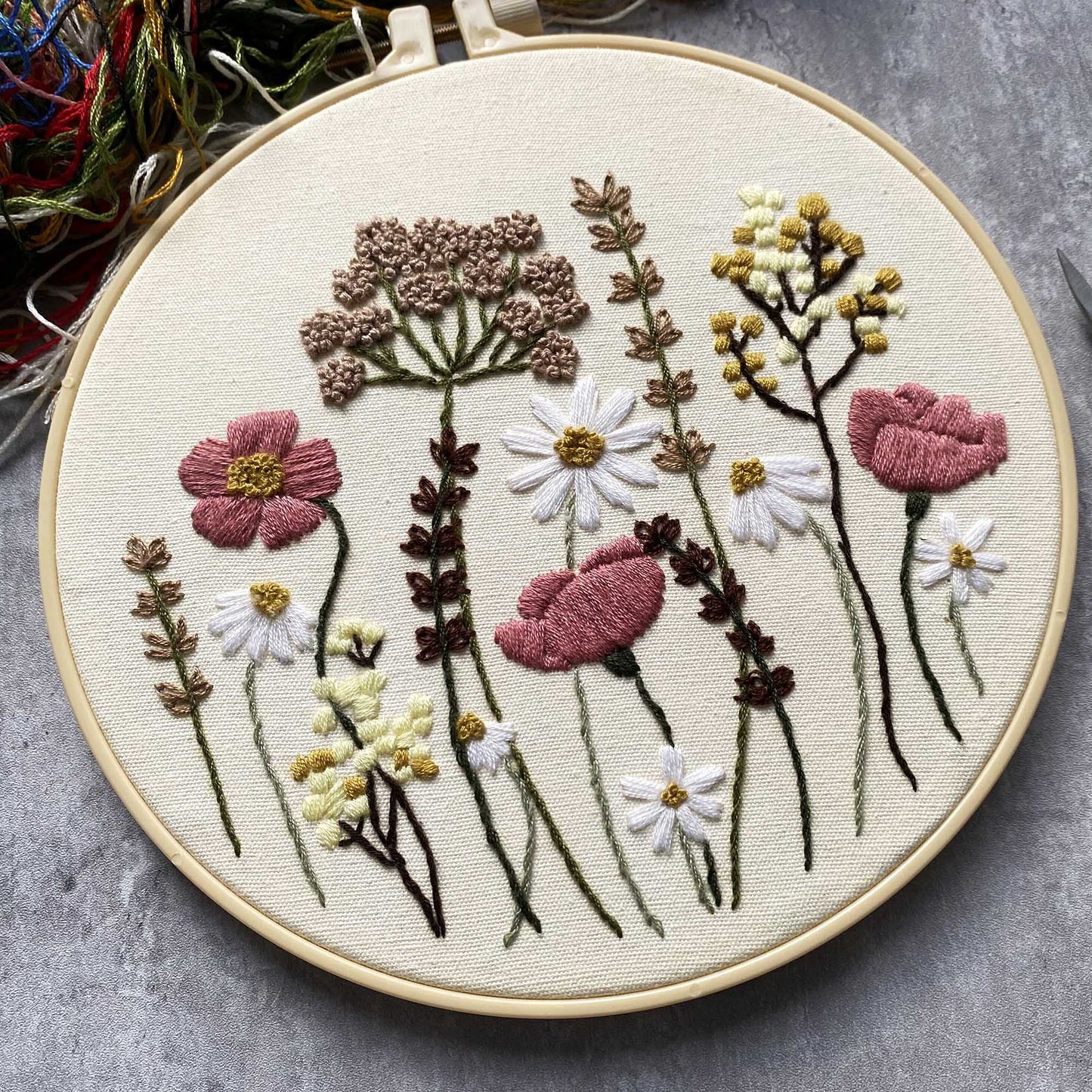 Harimau 3 Pack Embroidery Kit for Beginners , Floral Plant Pattern,Cross Stitch Kits Set , Including Stamped Embroidery Cloth with 3 Embroidery Hoops, Color Threads and Tools (Flower)