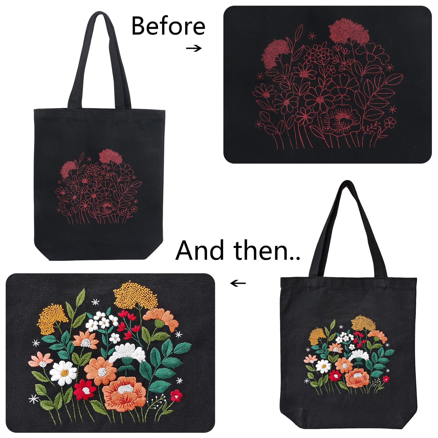 Canvas Tote Bag Embroidery Kit with Pattern for Beginners, Arts and DIY Crafts Kits for Adults, Include Instructions Embroidery Bag, Embroidery Hoops, Color Threads and Tool (Black)