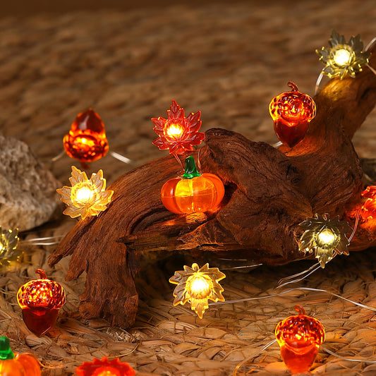 Yoitomehy Fall Lights 10Ft 30 LEDs Fall Decorations Battery Operated Acorn 3D Pumpkin Maple Leaf String Lights for Home Autumn Garland Harvest Thanksgiving Party Christmas