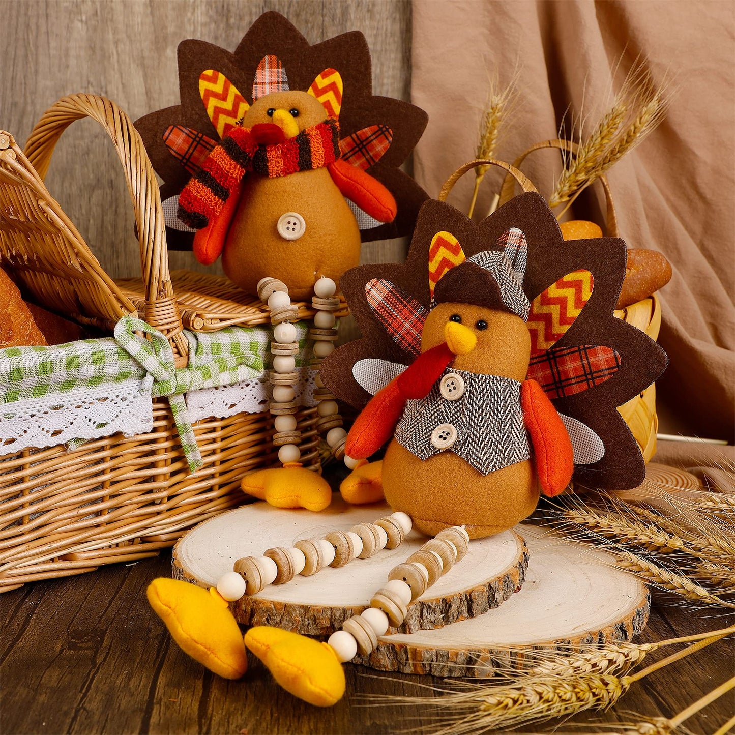 Biswing Thanksgiving Decoration Tabletop Standing Turkey Couple with Dangling Legs, 2 Pack Plush Stuffed Turkeys Shelf Sitters Figurine Gift for Autumn Fall Harvest Halloween Home Table Decorations