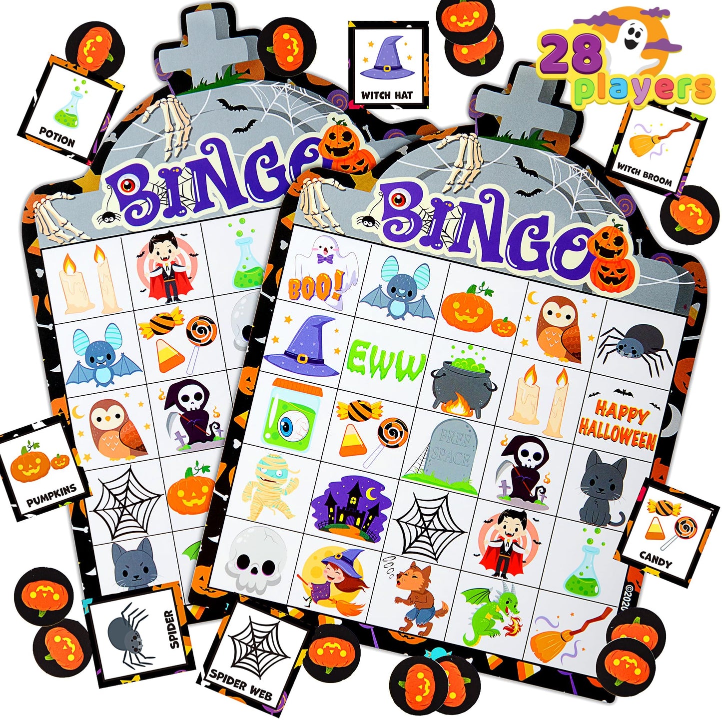 28 Players Halloween Bingo Game Cards for Kids, Halloween Bingo Cards for Classroom School Family Group Activities, Halloween Party Adults Kids Indoor Card Games