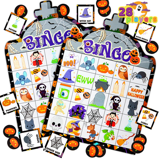 28 Players Halloween Bingo Game Cards for Kids, Halloween Bingo Cards for Classroom School Family Group Activities, Halloween Party Adults Kids Indoor Card Games