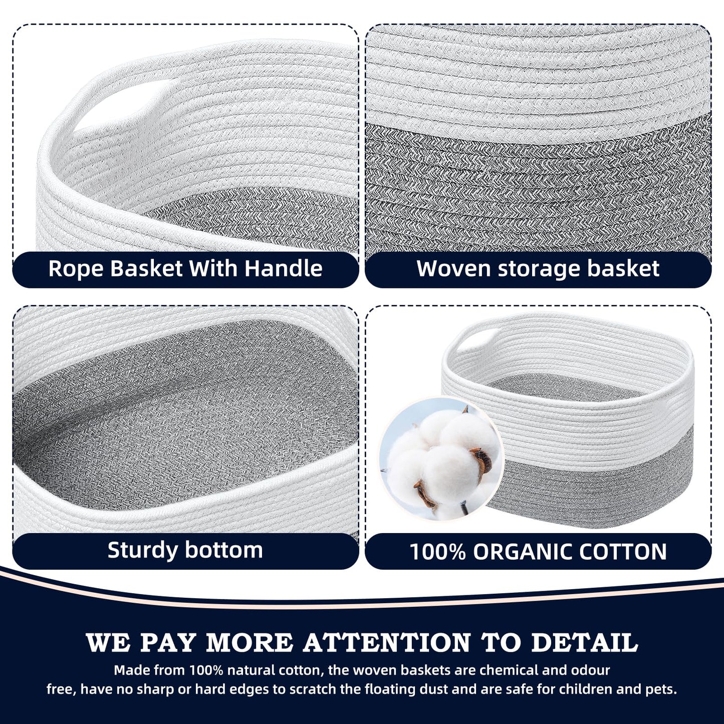 Rope Baskets for Storage Basket, Cotton Rope Woven Basket with Handles. Blanket Basket for Storing Clothes, Toys, Books, Shelves etc, 15''L x 10''W x 9.5''H, Gray/Off White