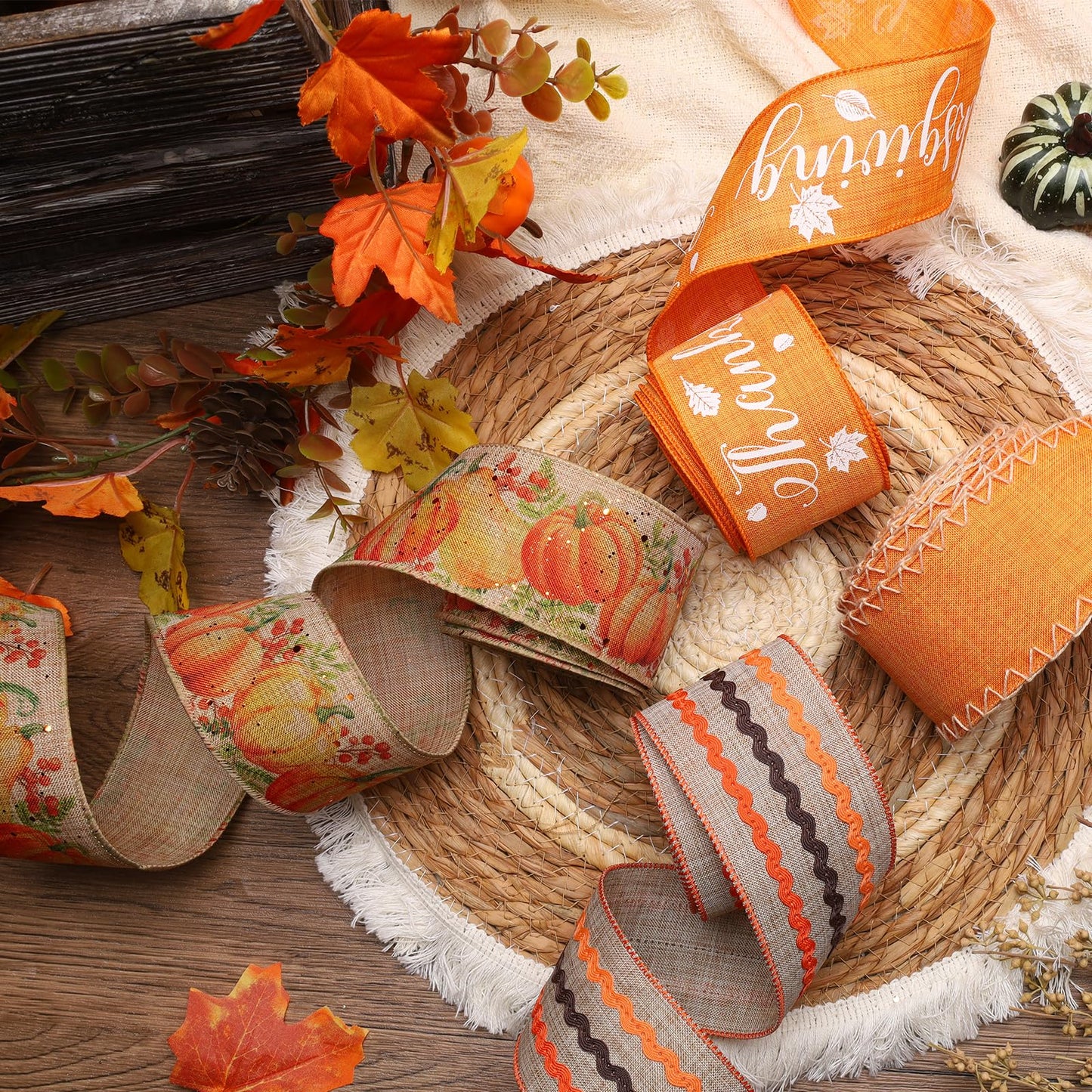 LaRibbons Fall Burlap Plaid Ribbon Wired 2 1/2" x 6 Yards 4 Rolls, Harvest Pumpkins Ribbon for Autumn Wreath Thanksgiving Christmas Farm Gift Wrapping Home Decor
