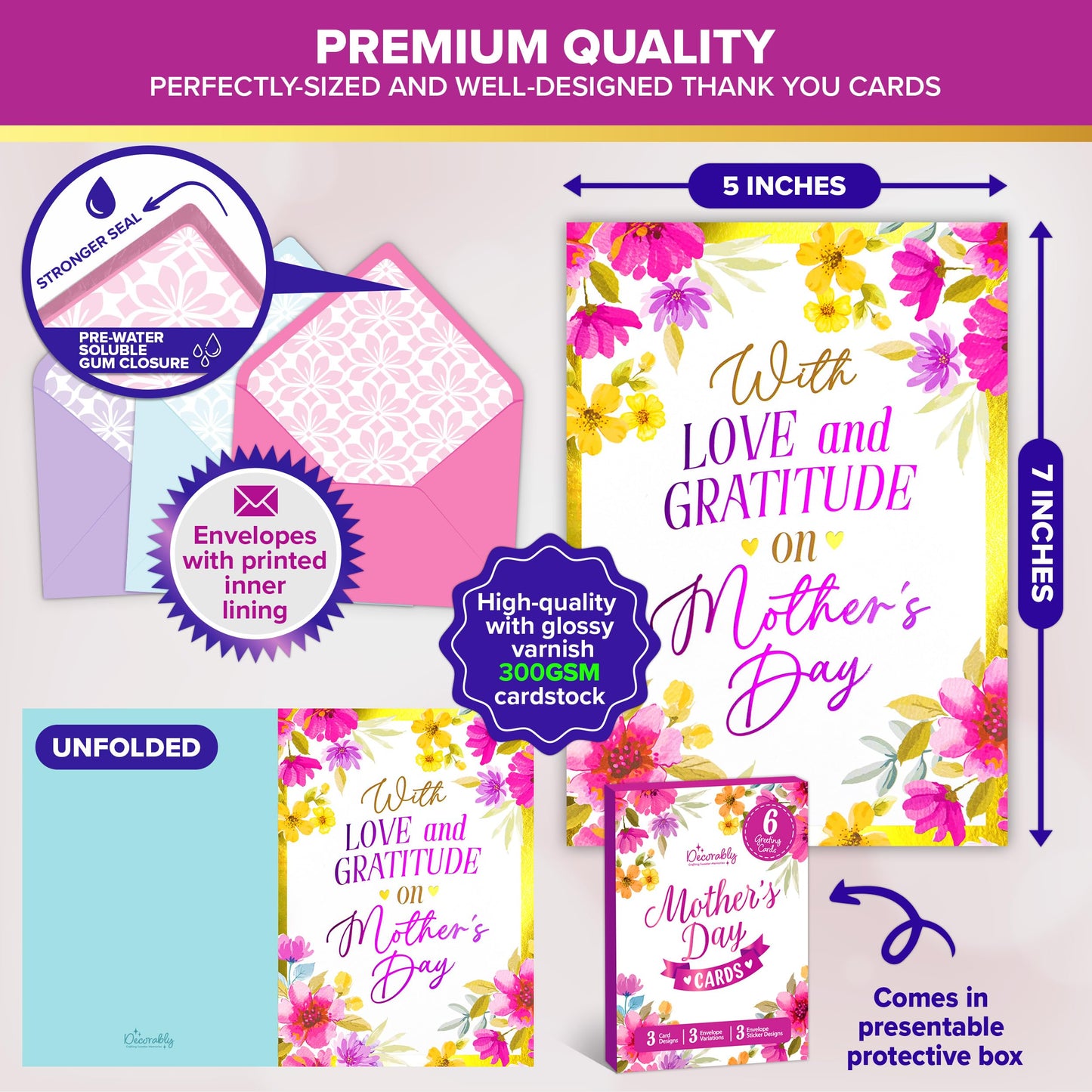 Decorably 6 Pack Foiled 5x7in Mothers Day Cards Pack with Envelopes and Stickers, 3 Floral Designs Mother's Day Cards Pack with Printed Message Inside
