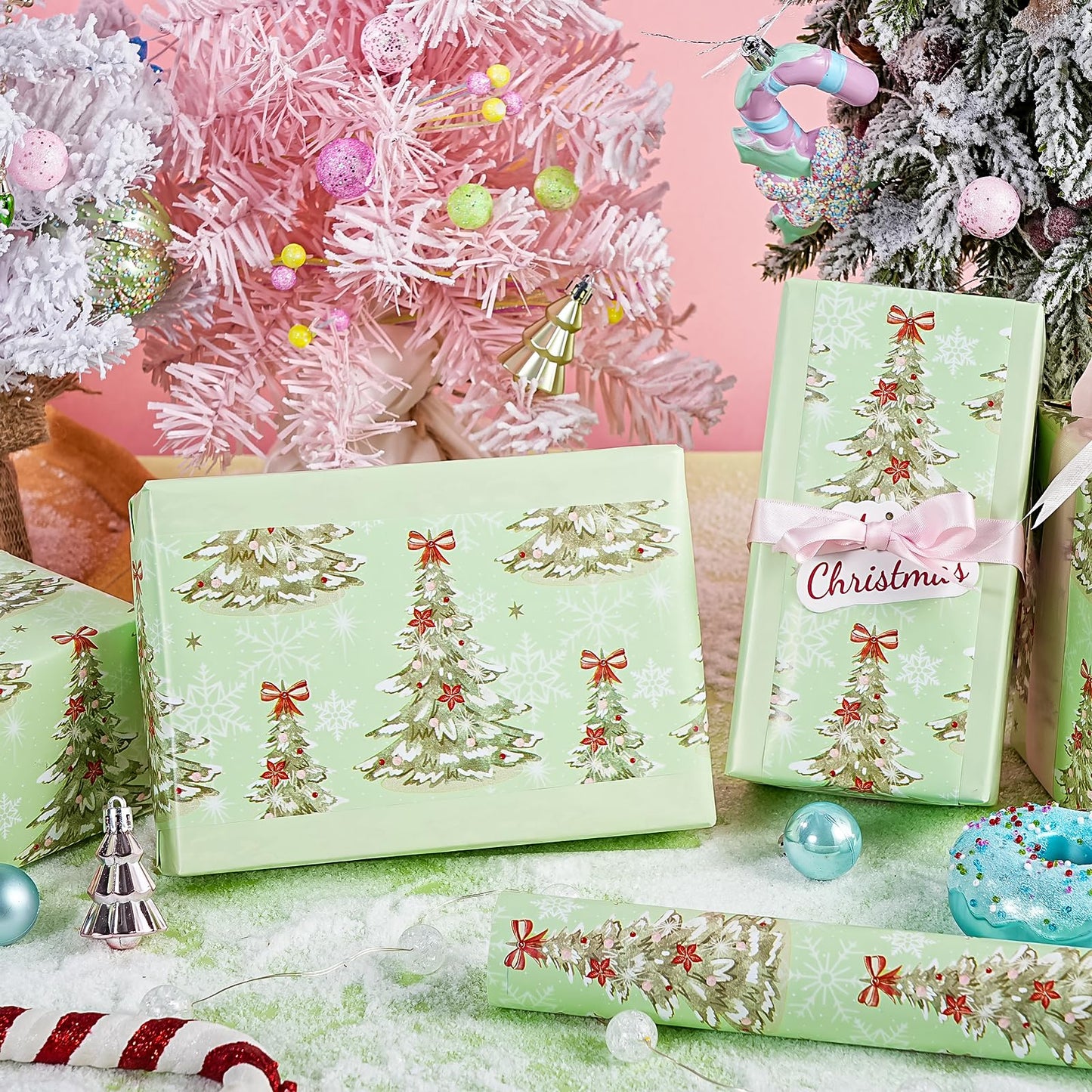 30 Inch Jumbo Reversible Christmas Wrapping Paper - 30 Inch x 33 Feet - Light Green Christmas Tree Wrapping Paper for Xmas Holiday, Party Celebration