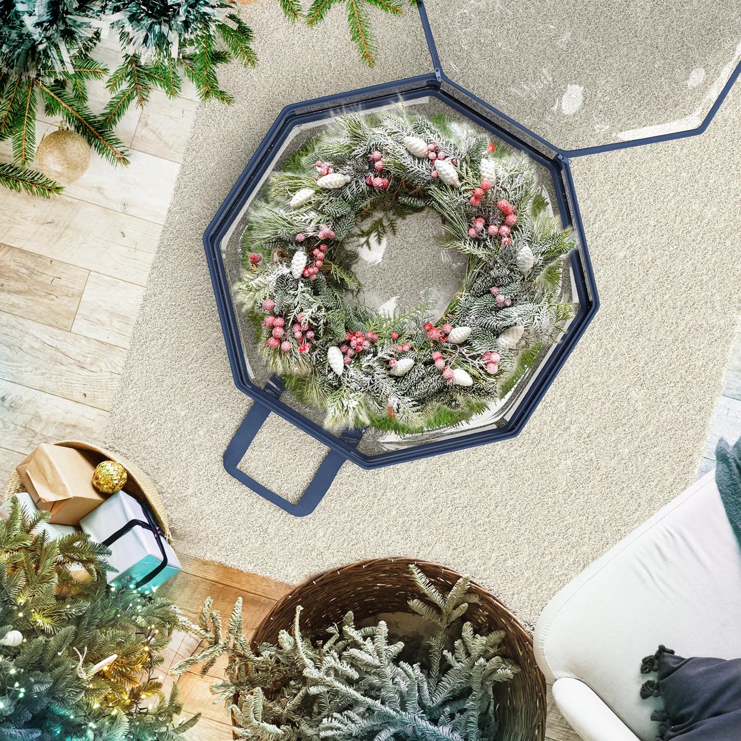 Hearth & Harbor Wreath Storage Container - Clear Christmas Wreath Storage Bag, Dual Zipper and Handles - 24" Premium Wreath Storage Organizer Box