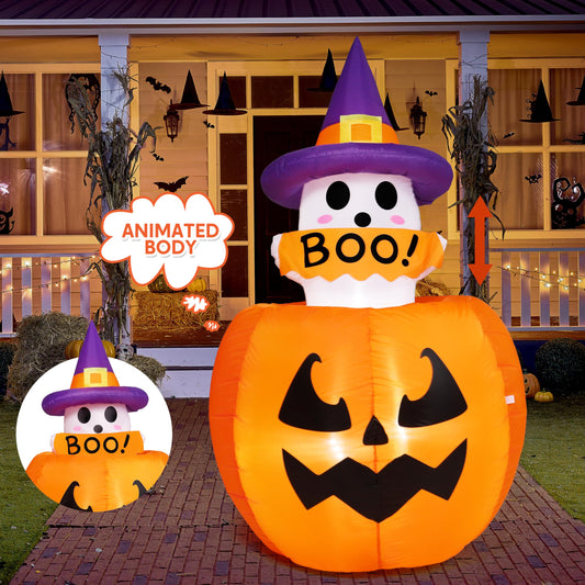 5ft Tall Halloween Animated Inflatables Outdoor Decorations, Inflatable Ghost on Pumpkin with LEDs, Cute Blow Up Pumpkin Ghost Decor for Outside Yard Outdoor Lawn Garden Party Decoration