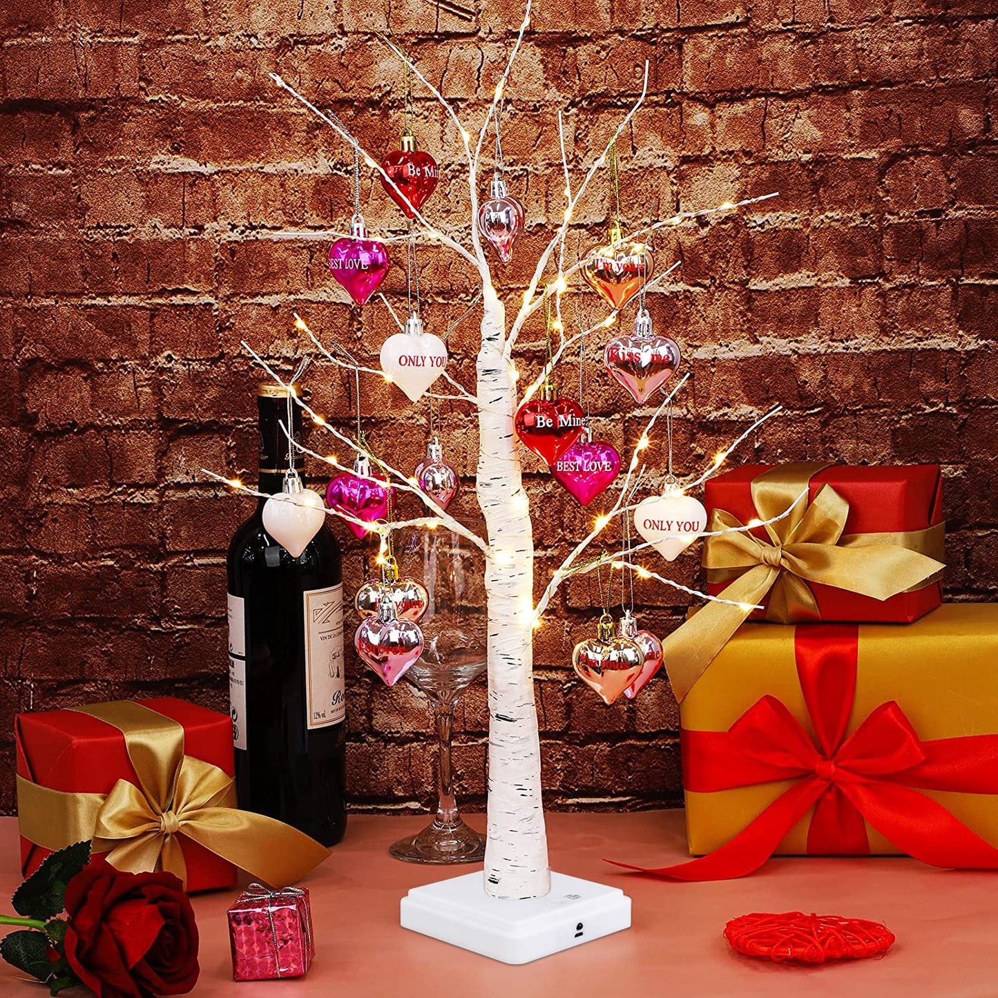Valentine's Day Tree Decoration with LED Lights 21.7 Inch Tabletop Birch Tree with Timer Battery USB Powered with Valentine's Day Heart Ornaments for Home Valentine Wedding Decor