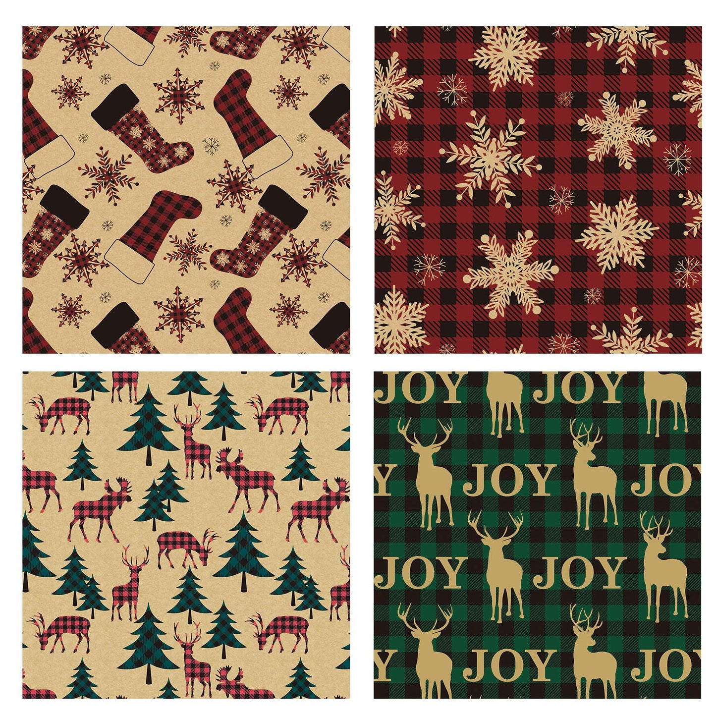 Christmas Wrapping Paper, Kraft Paper - Red and Green Plaids Style Designs - 4 Rolls - 30 inches x 10 feet per Roll