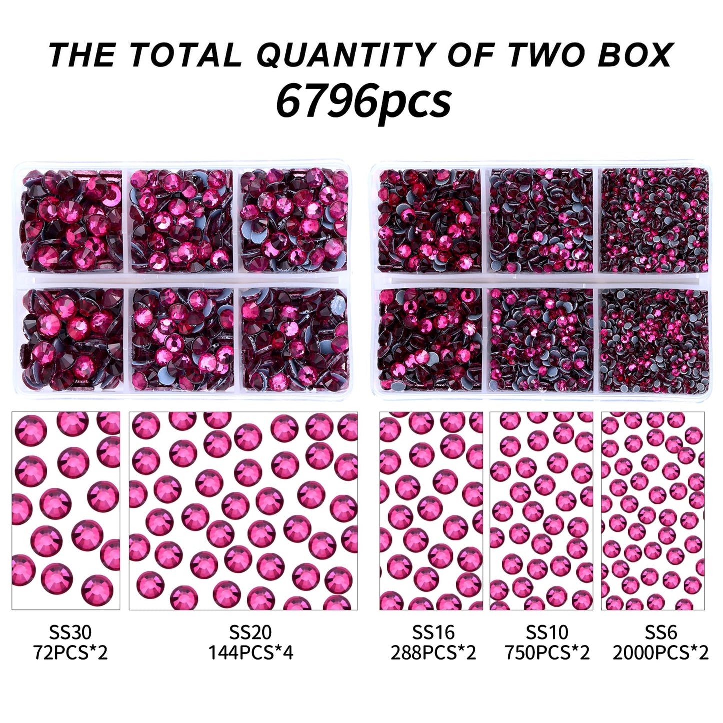 MEIBITE 6796PCS Fuchsia Hotfix Rhinestones Crystal Stones Glass for Fabric Clothes Shirts Sparkly Flat Back Round with Tweezers and Picking Pen (SS6~SS30 Set)