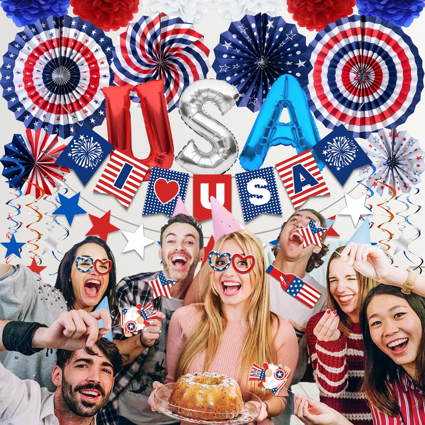 DMIGHT 4th of July Decorations, 33PCS Patriotic Memorial Day Decorations Set with Banner, USA Balloons, Paper Fans, Star Streamer, Hanging Swirls, Paper Pom Poms for Fourth of July Red White and Blue