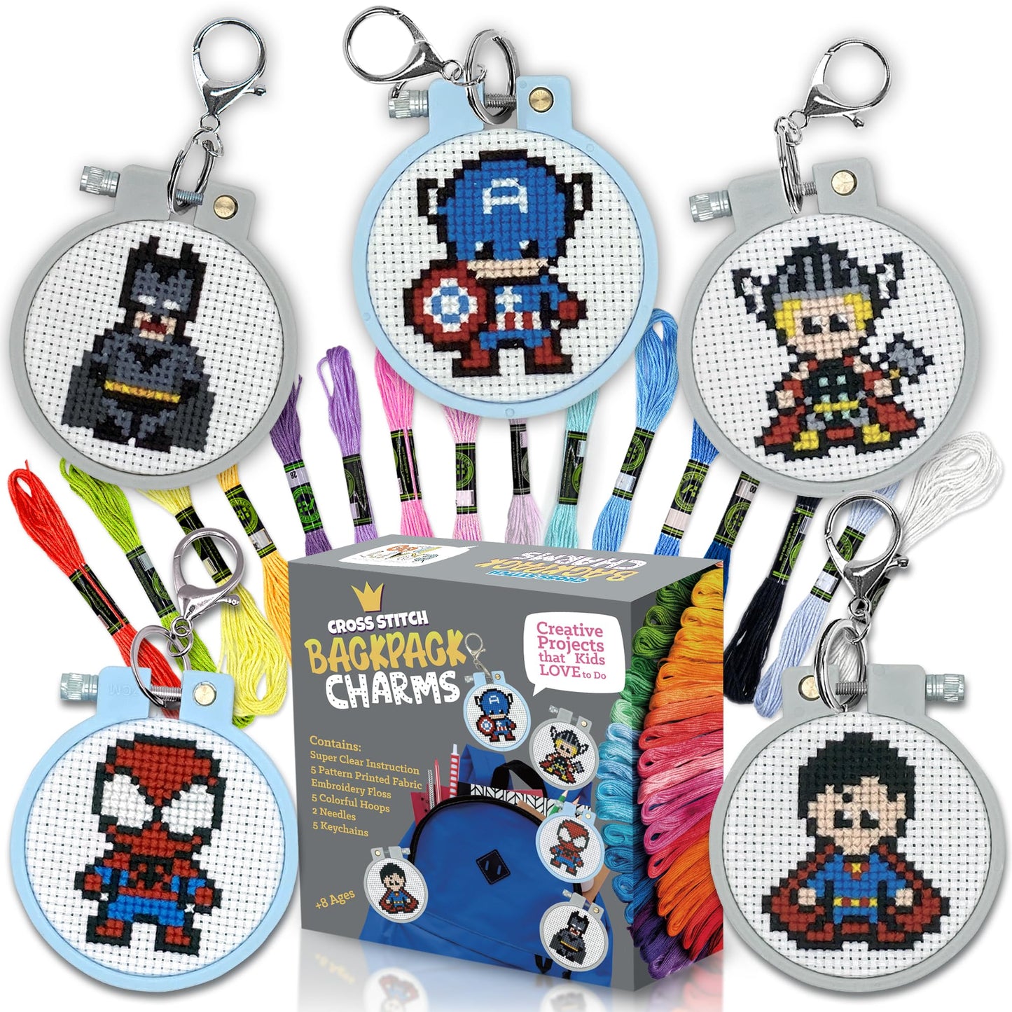 5 Stamped Superhero Cross Stitch Beginner Projects for Kids Needlepoint Starter kit Sewing Set for Backpack Charms…