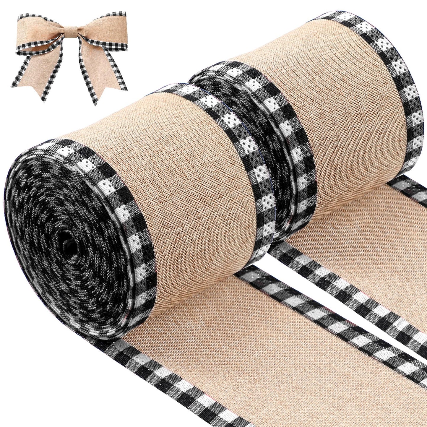 2 Rolls Christmas Buffalo Plaid Wired Edge Ribbons Christmas Tree Burlap Fabric Craft Wrapping Ribbon with Checkered Edge, 216 Inch(2.5 Inch Width,Black and White)