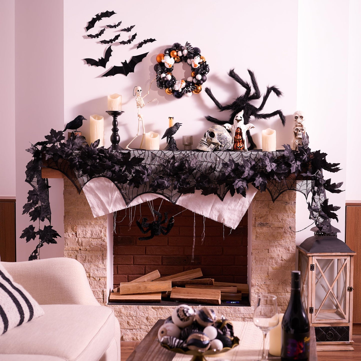 Valery Madelyn 9ft Halloween Garland with Lights, Thick Pre-Lit Light Up Black Maple Leaf Garland Halloween Decor for Mantle Fireplace Table Home Indoor