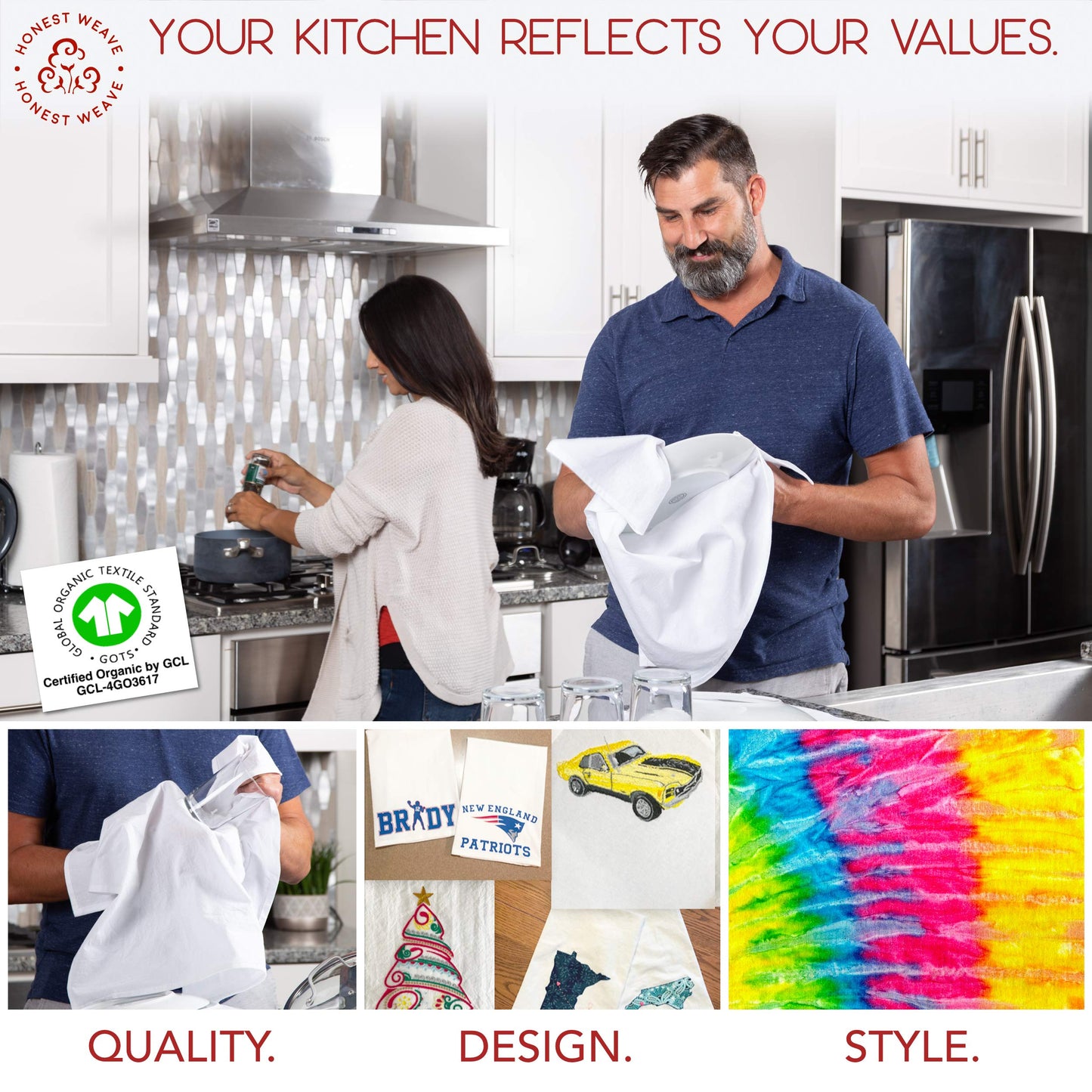 Organic Flour Sack Cotton Kitchen Hand and Dish Towel Sets - Extra Large 27x27 inches, Fully Hemmed, 12-Pack, Natural Tan