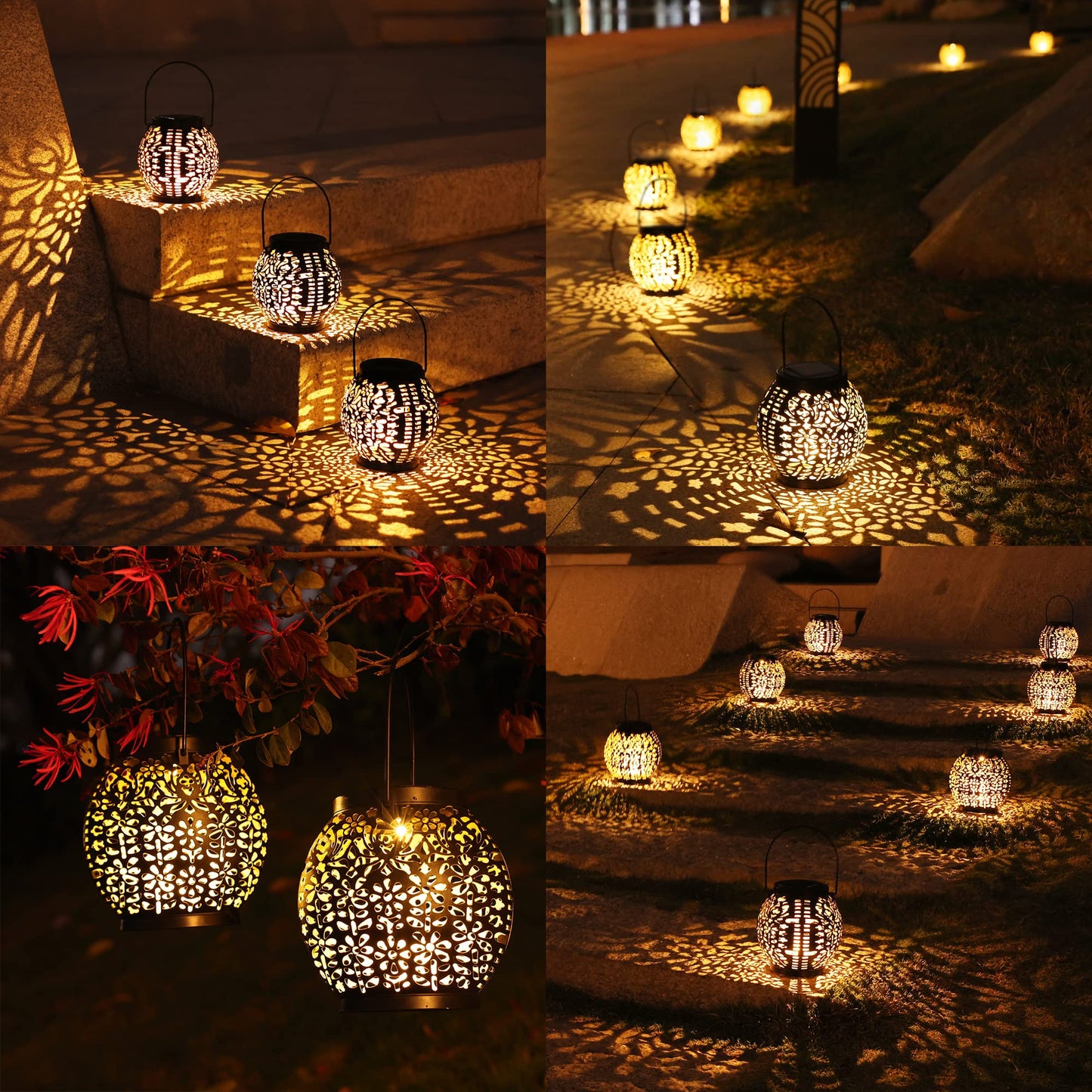 Solar Lantern Lights, 2 Pack Outdoor LED Hanging Lantern Lights with Star Projection, Warm White Solar Garden Lighting Retro Table Lanterns Light Waterproof for Garden Patio Courtyard Path