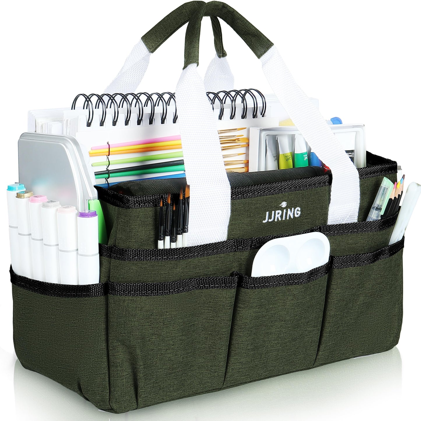 JJRING Craft Organizer Tote Bag, Art Storage Caddy with Multiple Pockets, Sap Green Sewing Bag for Art, Craft, Scrapbooking, Medical, and Office Supplies Storage
