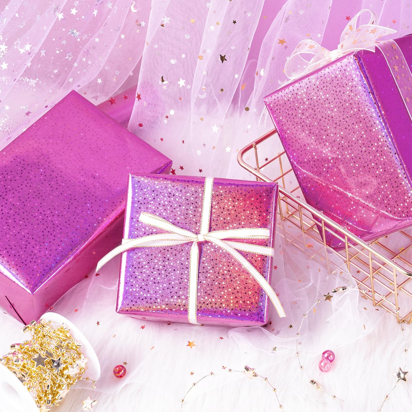 Pink Wrapping Paper Roll - Mini Roll - 17 Inch x 16.5 Feet - Metallic Holographic Star Wrapping Paper for Birthday, Wedding, Baby Shower, Bridal Shower, Christmas