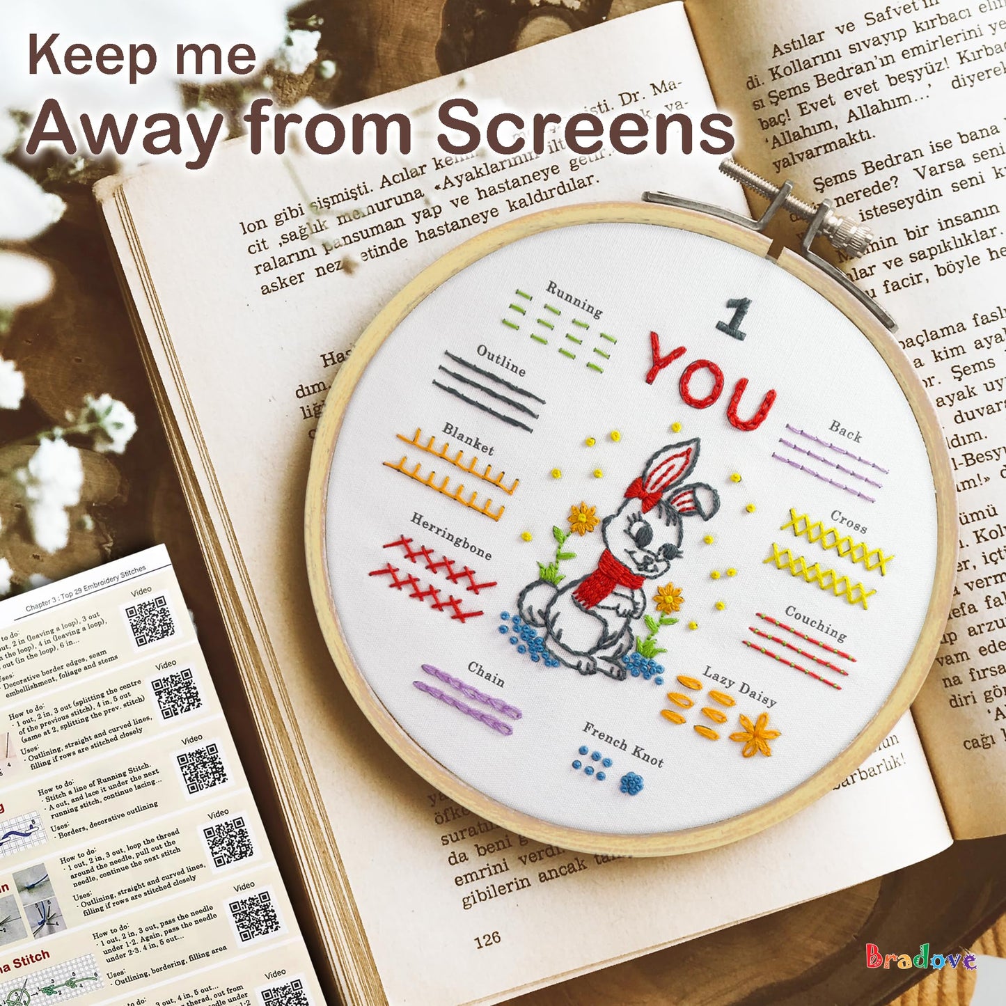 Bradove Embroidery Kit for Beginners, Learn to Embroider Top 29 Stitches and Cute Embroidery Patterns with Video Tutorial and Instruction Booklet, Beginner Embroidery Kit for Adults Kids, Stitches Kit