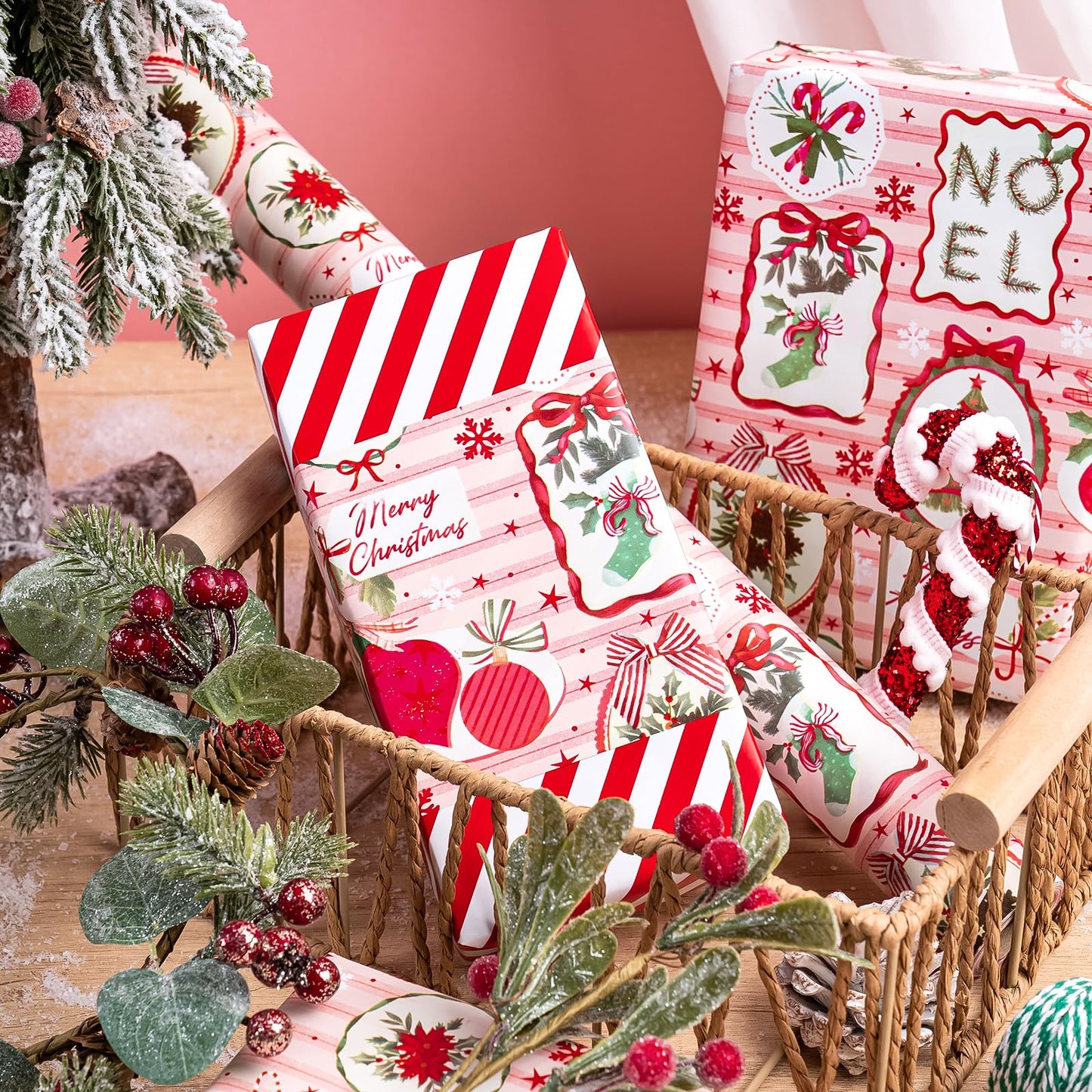 30 Inch Jumbo Reversible Christmas Wrapping Paper - 30 Inch x 33 Feet - Pink & Red Classic Christmas Decor and Stripes Wrapping Paper for Xmas Holiday, Party Celebration