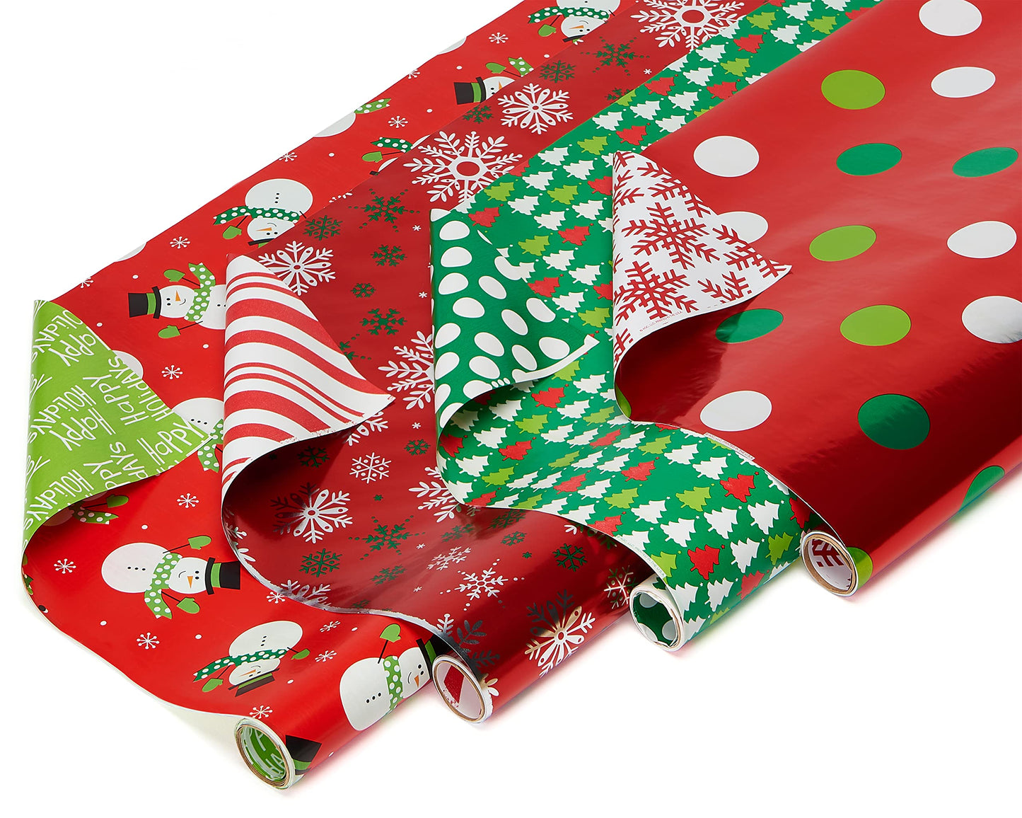 Reversible Christmas Wrapping Paper Rolls, Red and Green Holiday Gift Wrap (105 sq. ft., 4 Rolls-30 in. x 12 ft.) Polka Dots, Trees, Snowmen and Snowflakes