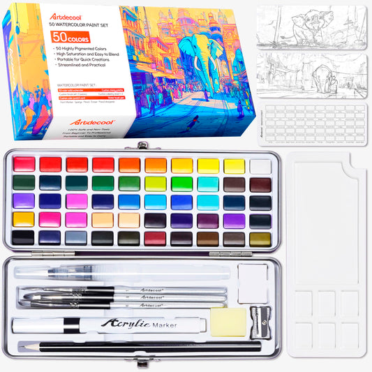 Watercolor Paint Set, 50 Colors, 4 Brushes, 3 Swatch Cards, Palette, Acrylic Marker Pen, and Accessories Included, All in One Portable Travel Watercolor Kit, Art Supplies Gift for Beginners, Adults, Artists, and Hobbyists