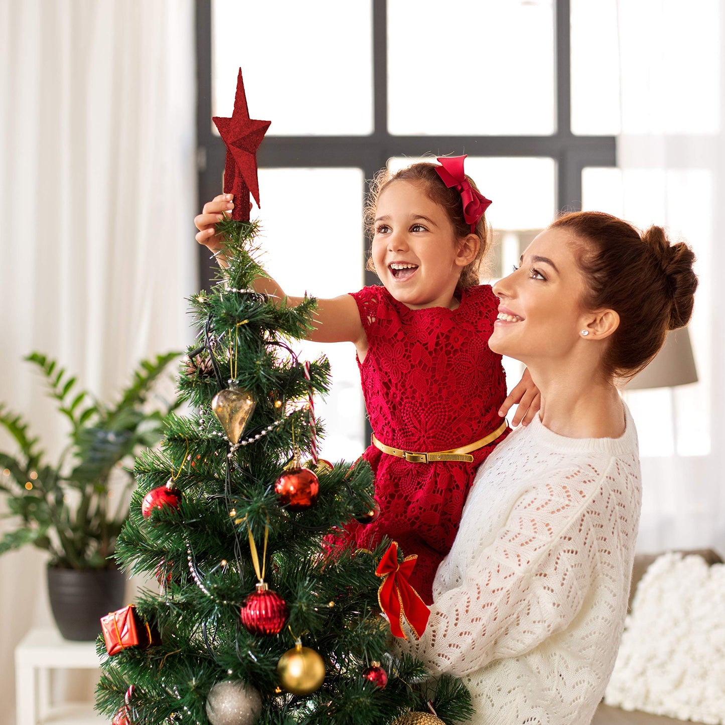 Ornativity Glitter Star Tree Topper - Christmas Red Decorative Holiday Trees Toppers Sparkle Bethlehem Star Decor Xmas Ornament 8"