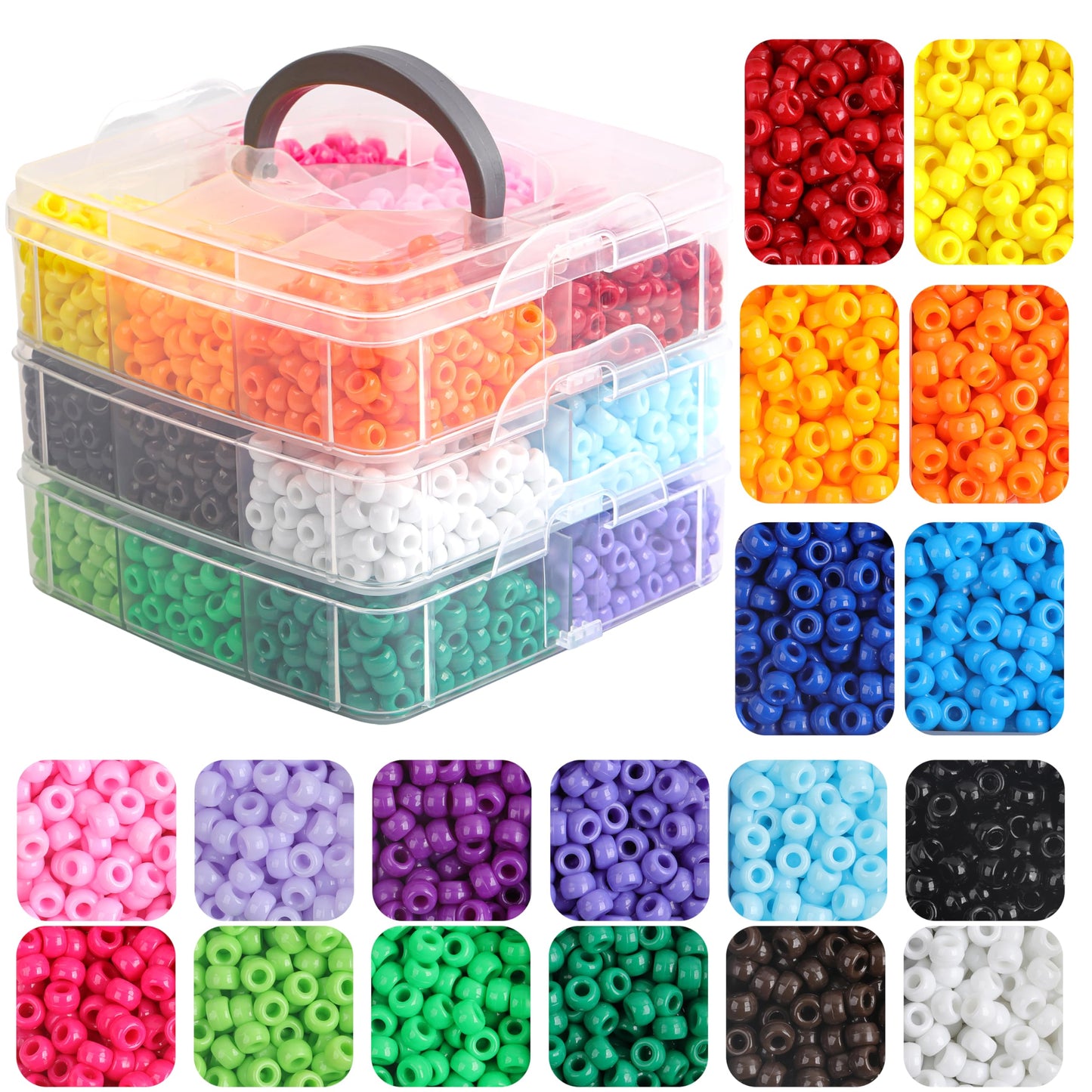 KAKW Pony Beads for Bracelets 3600 Pcs Plastic Beads for Friendship Bracelets Necklace 6x9mm 18 Solid Colors