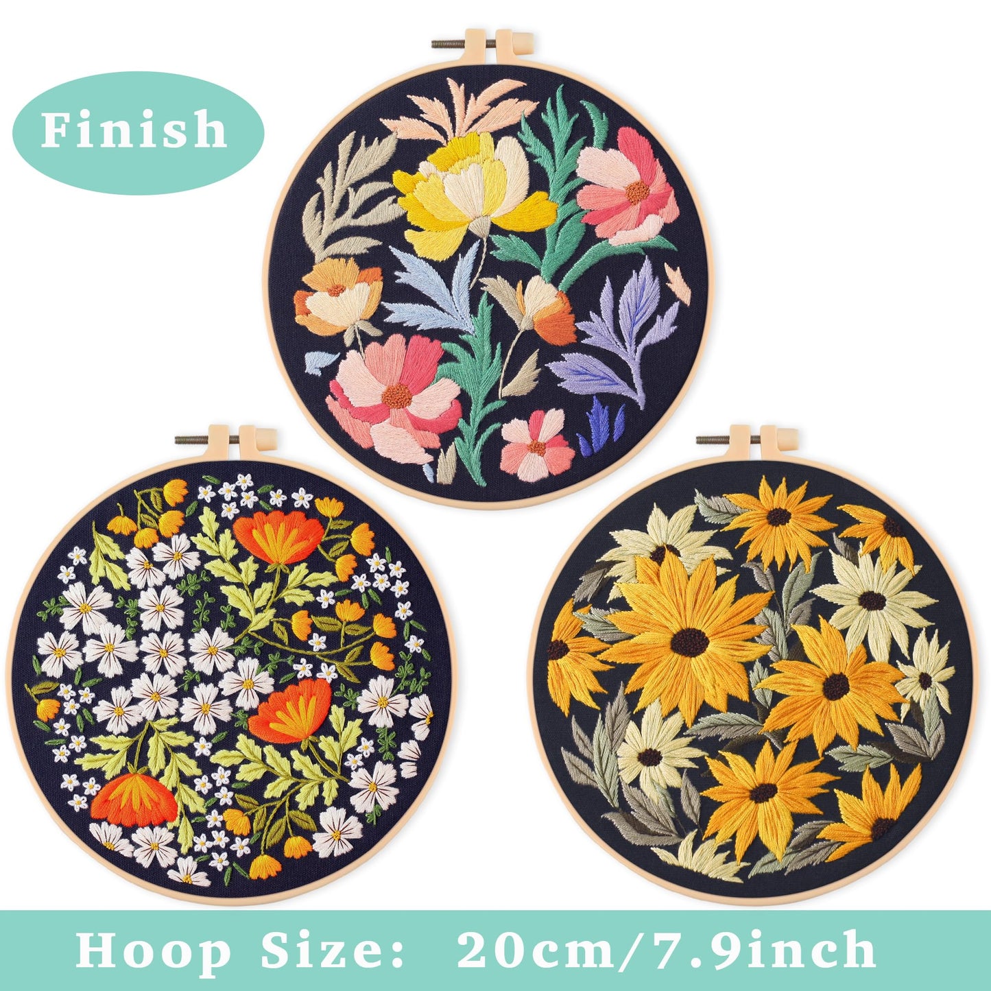 REEWISLY 3Pcs Embroidery Starter Kit with Patterns and Instructions, DIY Adult Cross Stitch Kits Beginner, Including 3 Plastic Embroidery Rings, 1 Scissors, Colored Threads and Needles