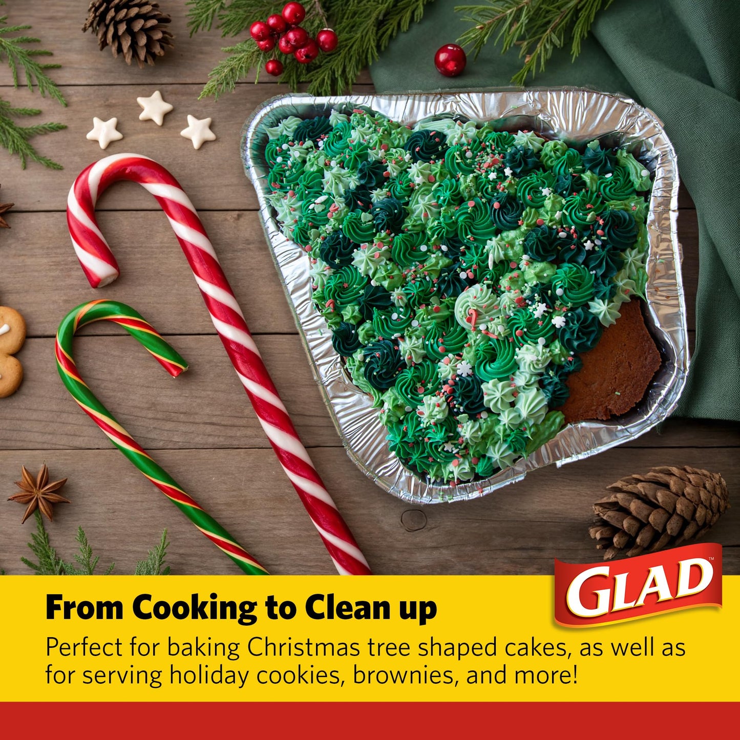 Glad Holiday Edition Christmas Tree Aluminum Bake Pans with Red and White Snowflake Pattern, Disposable Christmas Baking Pans, Christmas Tree Cake Pan, 2 Count