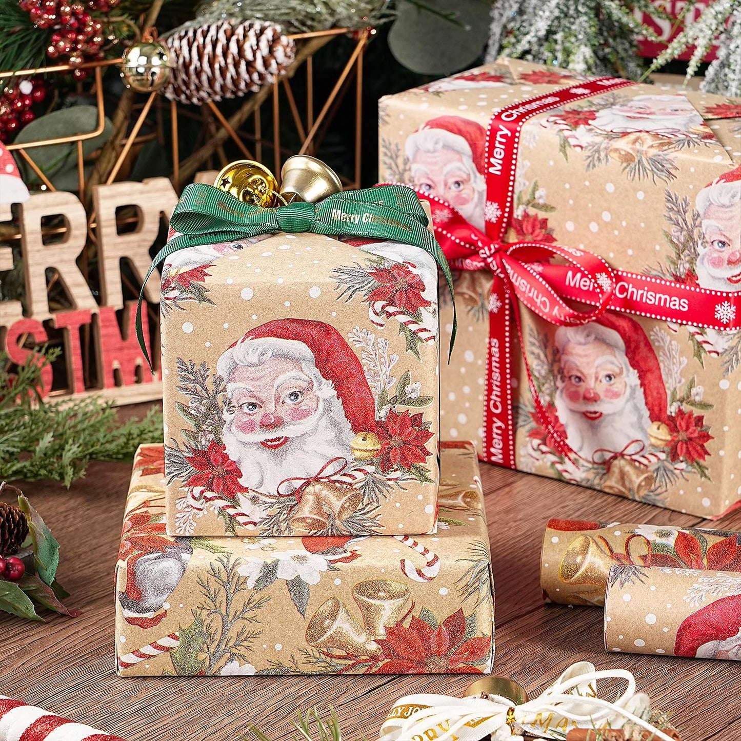 Kraft Christmas Wrapping Paper Set, Jumbo Roll, Vintage Santa, Bird, Poinsettia,and Gold Snowflake Plaid Design, Kraft Gift Wrap for Christmas, Holiday, 4 Rolls, 30 Inches x 10 Feet per Roll