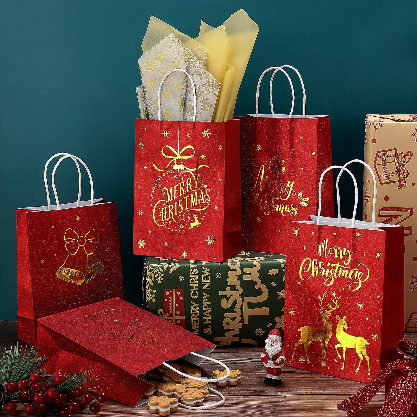 24 Pcs Christmas Gift Bags, Red Glitter Christmas Bags for Gifts with Tissue Paper, 6 Styles Red and Gold Foil Paper Goodie Bag with Handles, Bulk Xmas Holiday Reusable Party Favor Treat Bag