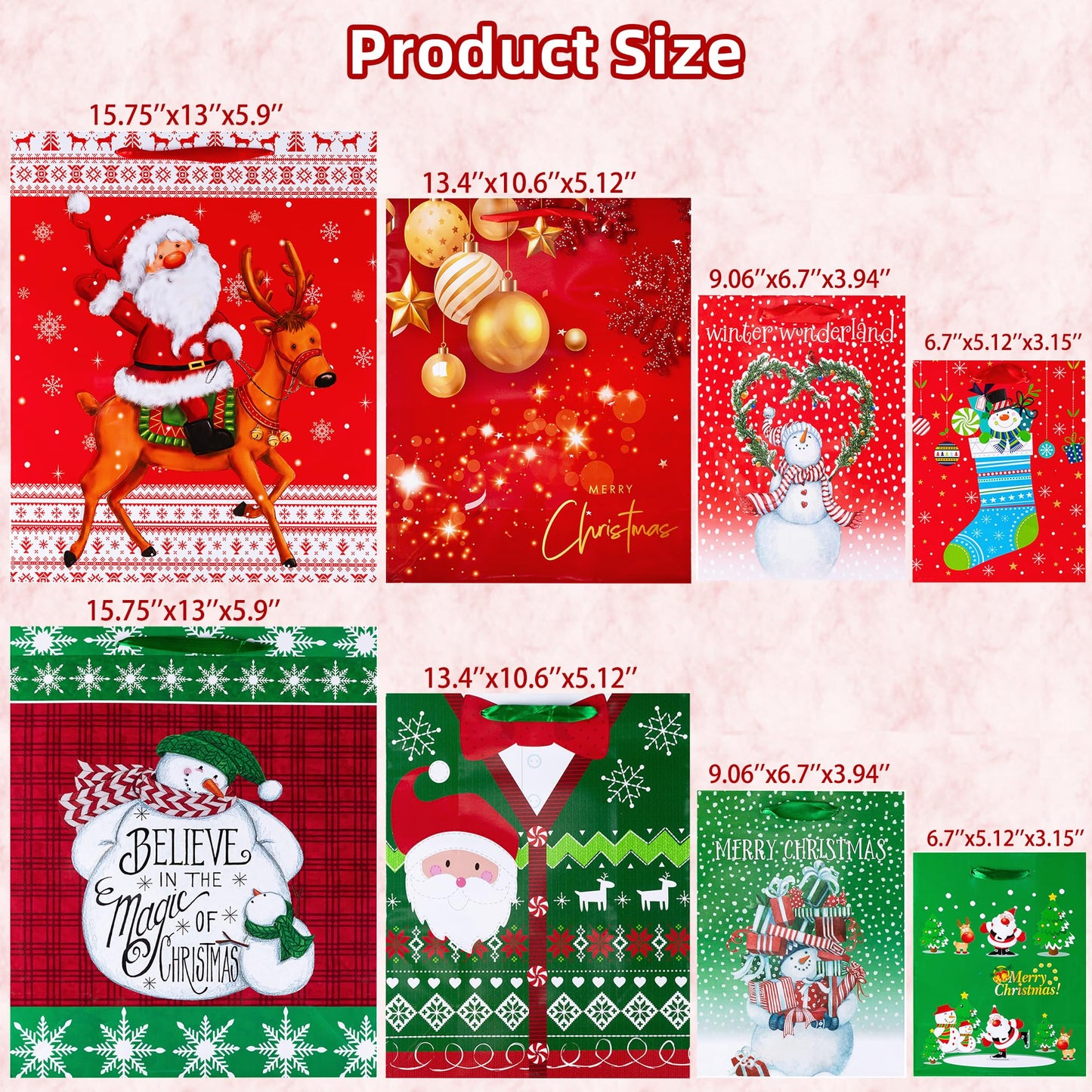 24 PCS Christmas Gift Bags Assorted Size, Featuring Snowman with Presents, Santa reindeer Socks Snowflake Holiday Designs – Perfect for Festive Wrapping Gifts, 6 X-Large, 6 Large, 6 Medium, 6 Small