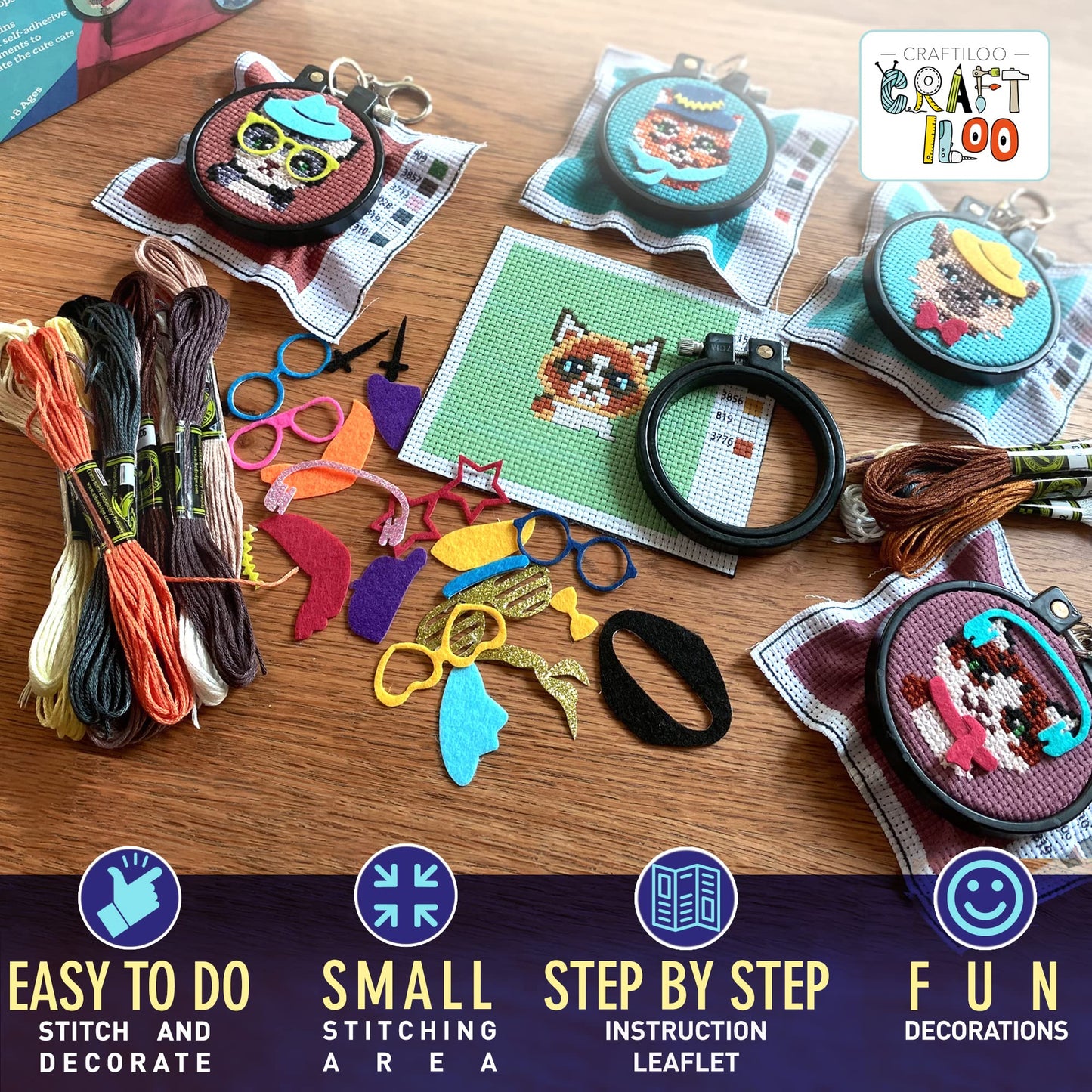 CRAFTILOO Cats Cross Stitch Kits for Beginners. 5 Stamped Cross Stitch Kits for Kids.Needlepoint Kits for Beginners. Embroidery Kit for Kids. Girls Cross Stitch kit (Cats)