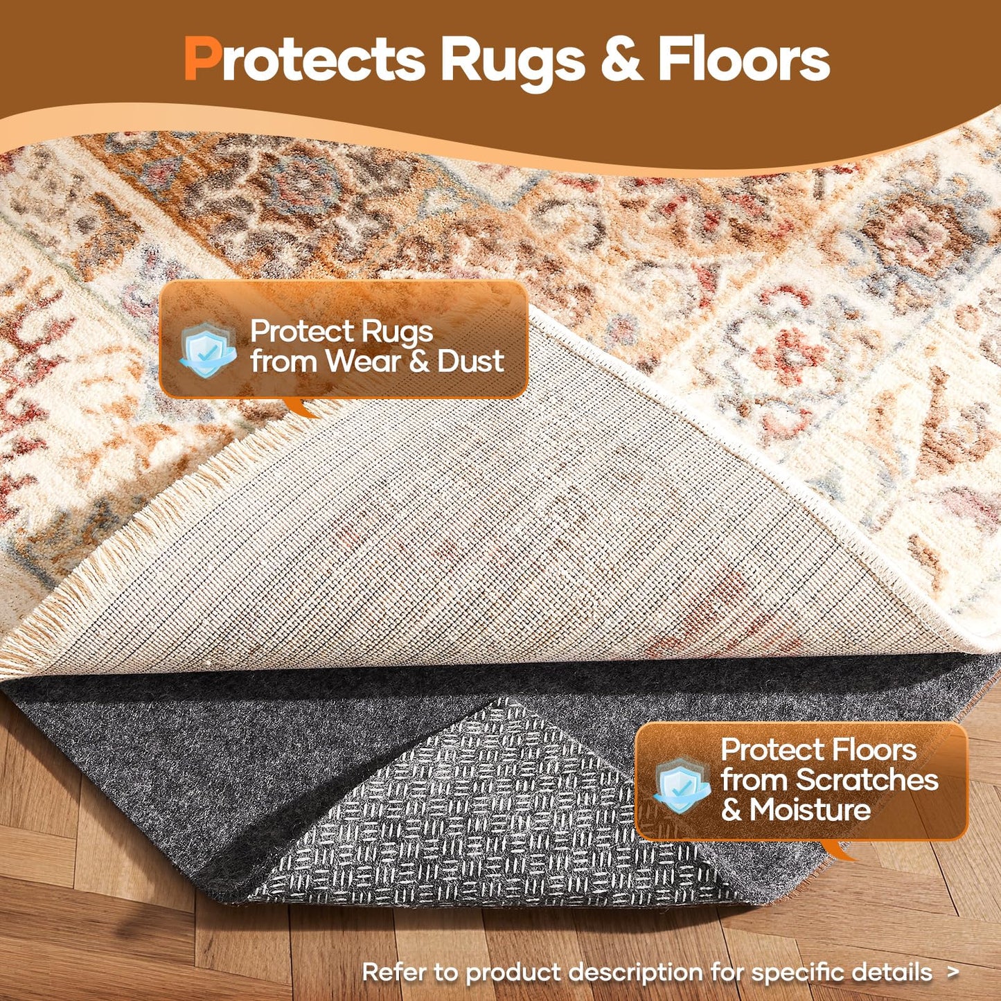Non Slip Cushioned Rug Pad Gripper 8 x 10 Ft, Felt and Silicone Backing, 1/4 inch Thick Carpet Liner for Hardwood Floors and Finishes, Under Area Rugs Anti Skid Mat, Keep Rugs Safe and in Place