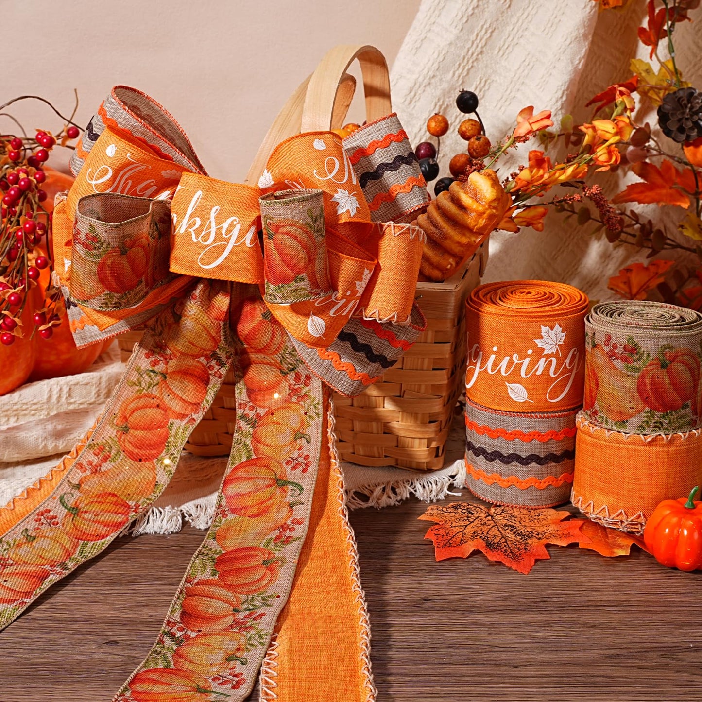 LaRibbons Fall Burlap Plaid Ribbon Wired 2 1/2" x 6 Yards 4 Rolls, Harvest Pumpkins Ribbon for Autumn Wreath Thanksgiving Christmas Farm Gift Wrapping Home Decor