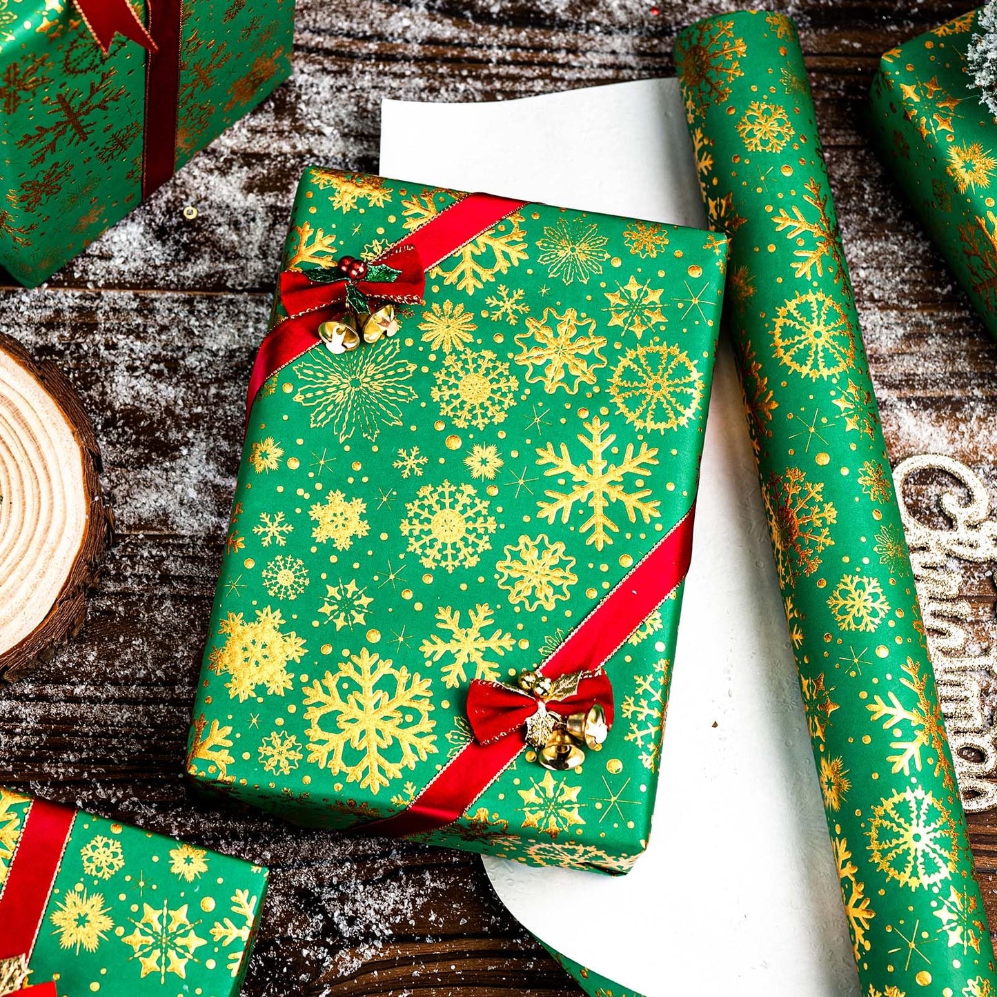 Kraft Christmas Green Wrapping Paper,Gold Luxury Snowflake Metallic Gold Embossed Foil Gift Wrap Roll Design for Holiday, Party,Celebration, New Year (17 Inch X 32.8 Feet)
